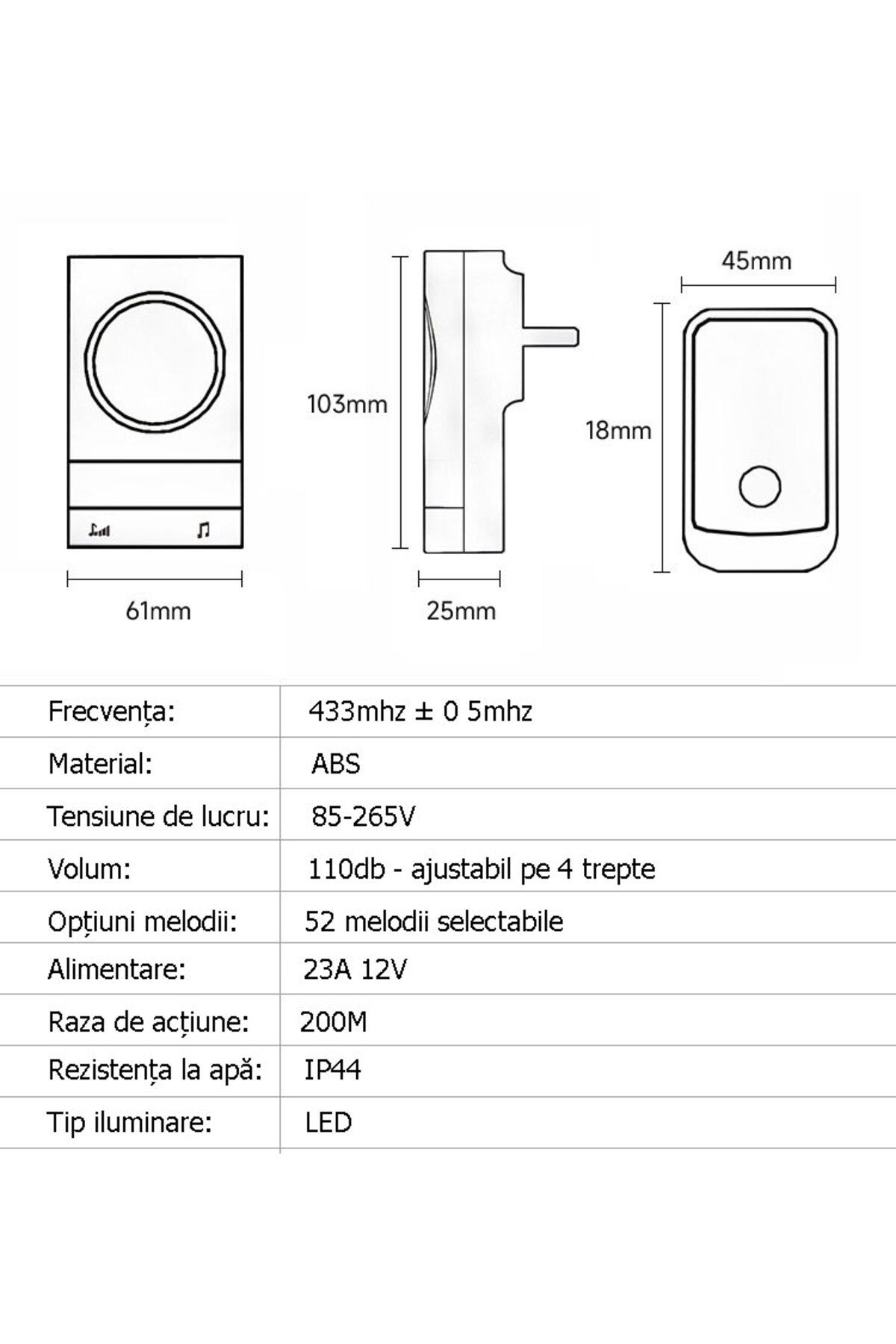Nextia-Wireless Doorbell Q189-2, 52 chimes, 110 dB, 200 m, IP44. black 8