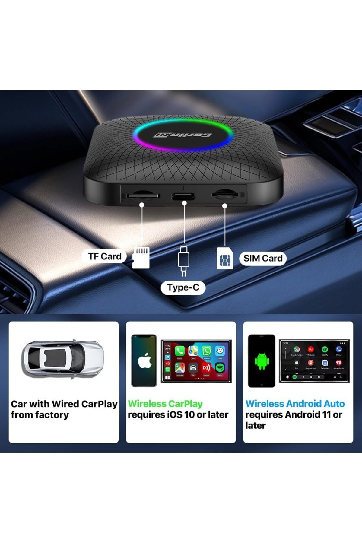 carlinkit-Android 13 Ai Box LED Version, Qualcomm 8 Cores, 8+128GB, 3-in-1 Adapter with 4G Cellular, 5