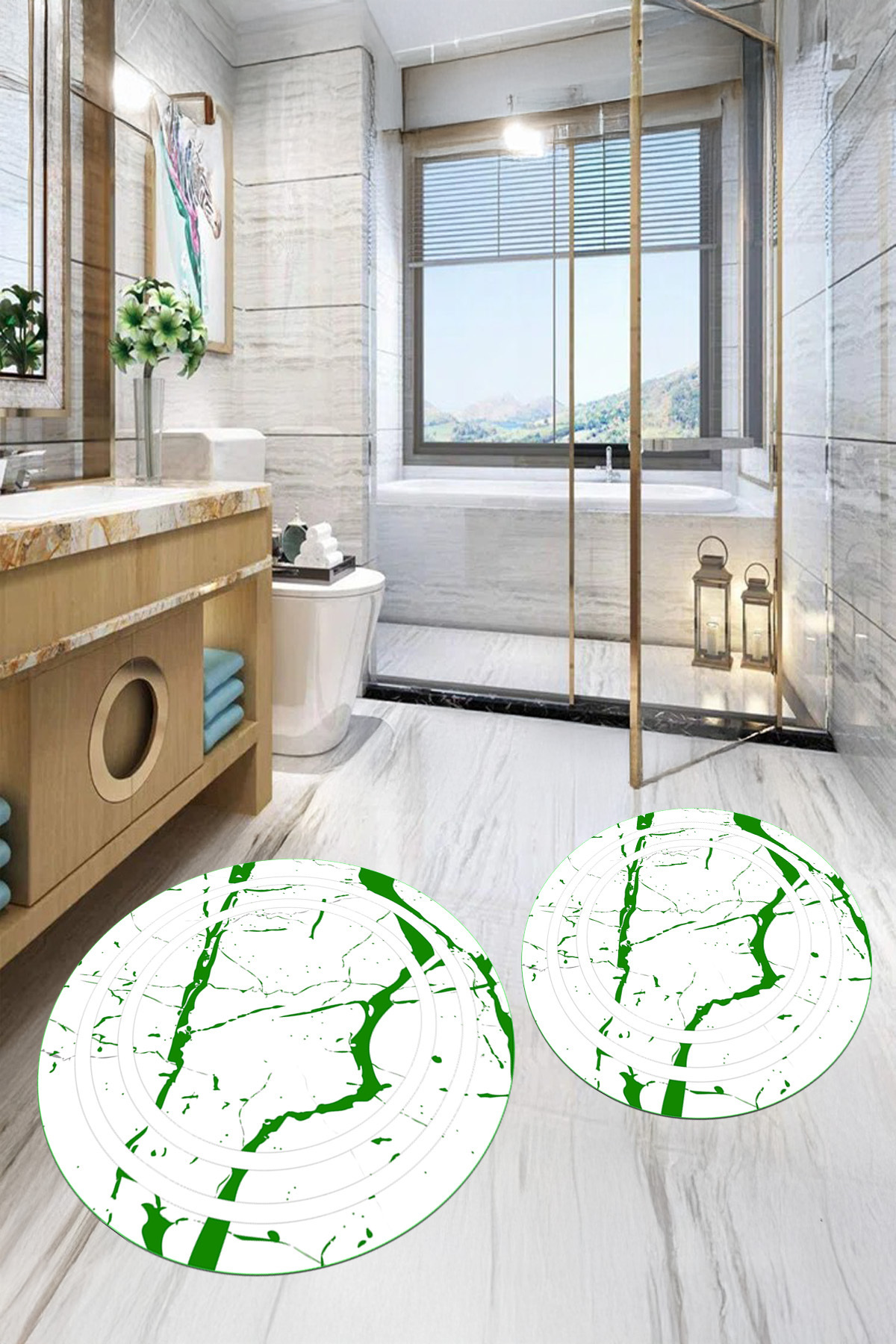 Viyana Home-Non-Slip Base Washable Marble Pattern Round Bathroom Mat Set of 2 Toilet Mats 6