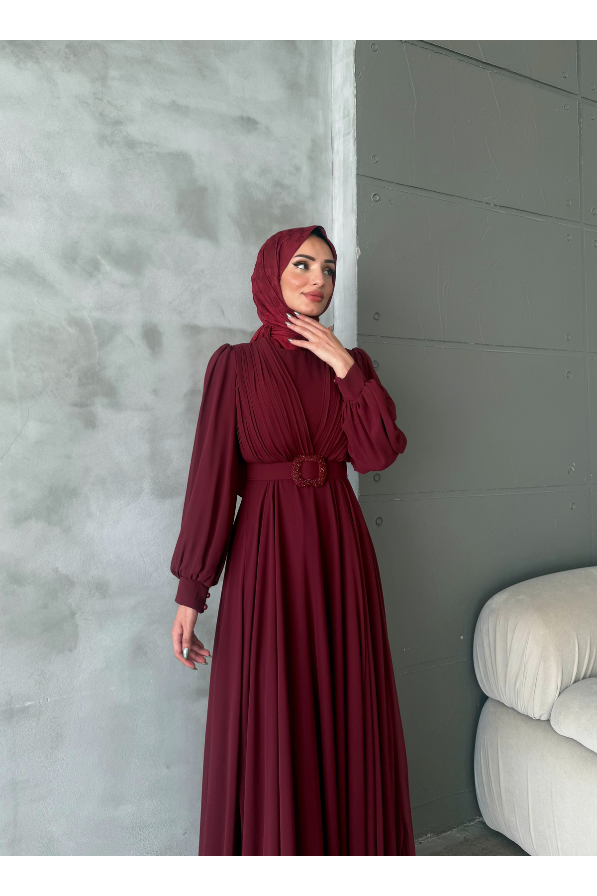 hacer ayaydın  ŞİFON KUMAŞ TESETTÜR ELBİSE/ABİYE - Görsel 5