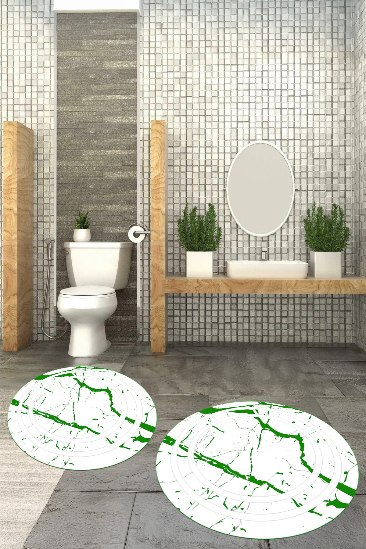 Viyana Home-Non-Slip Base Washable Marble Pattern Round Bathroom Mat Set of 2 Toilet Mats 8