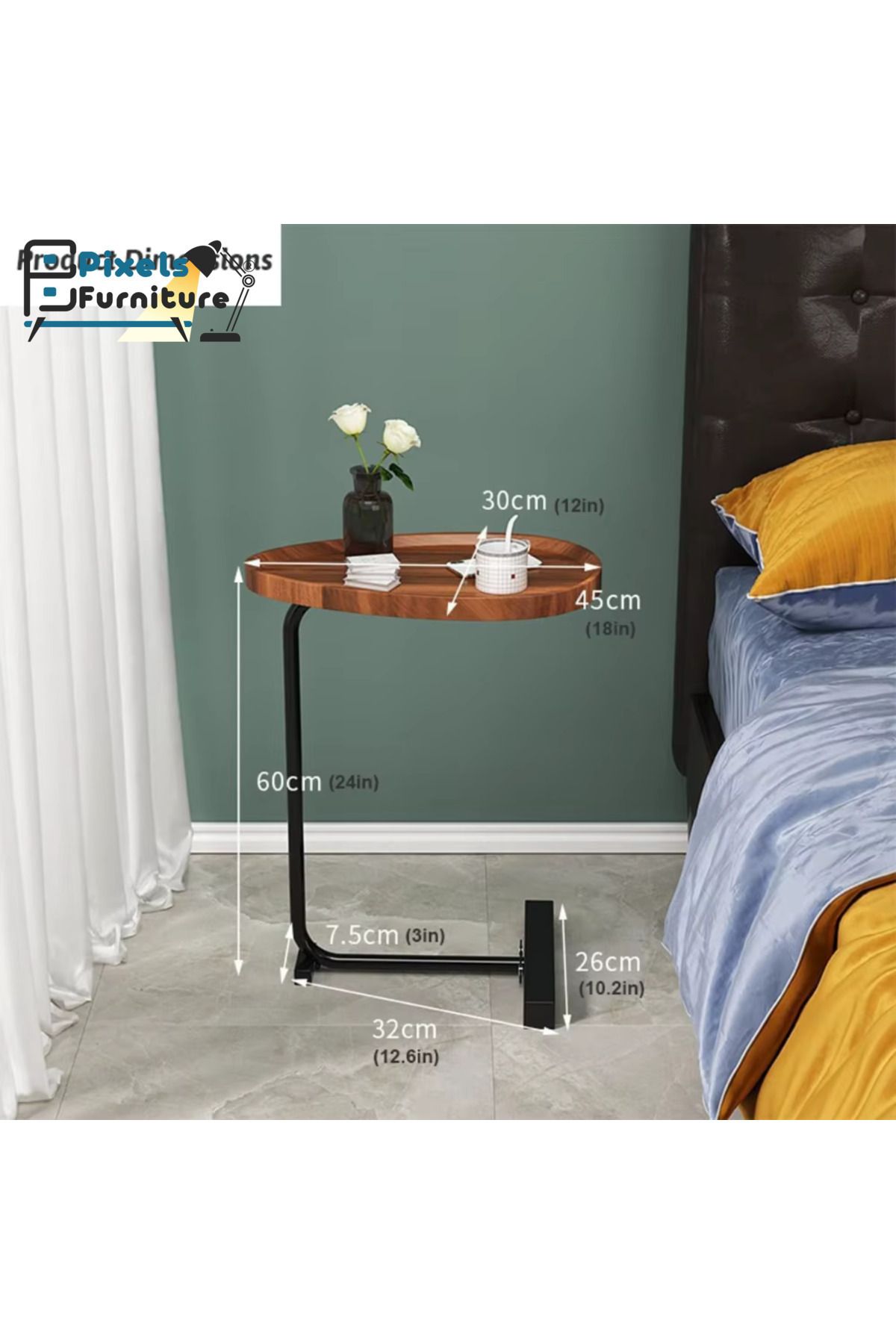 PixelsFurniture-مجموعة 3 قطع طاولة جانبية من بكسل الأثاث على شكل C للأريكة والسرير، طاولة بقواعد معدنية صلبة 7