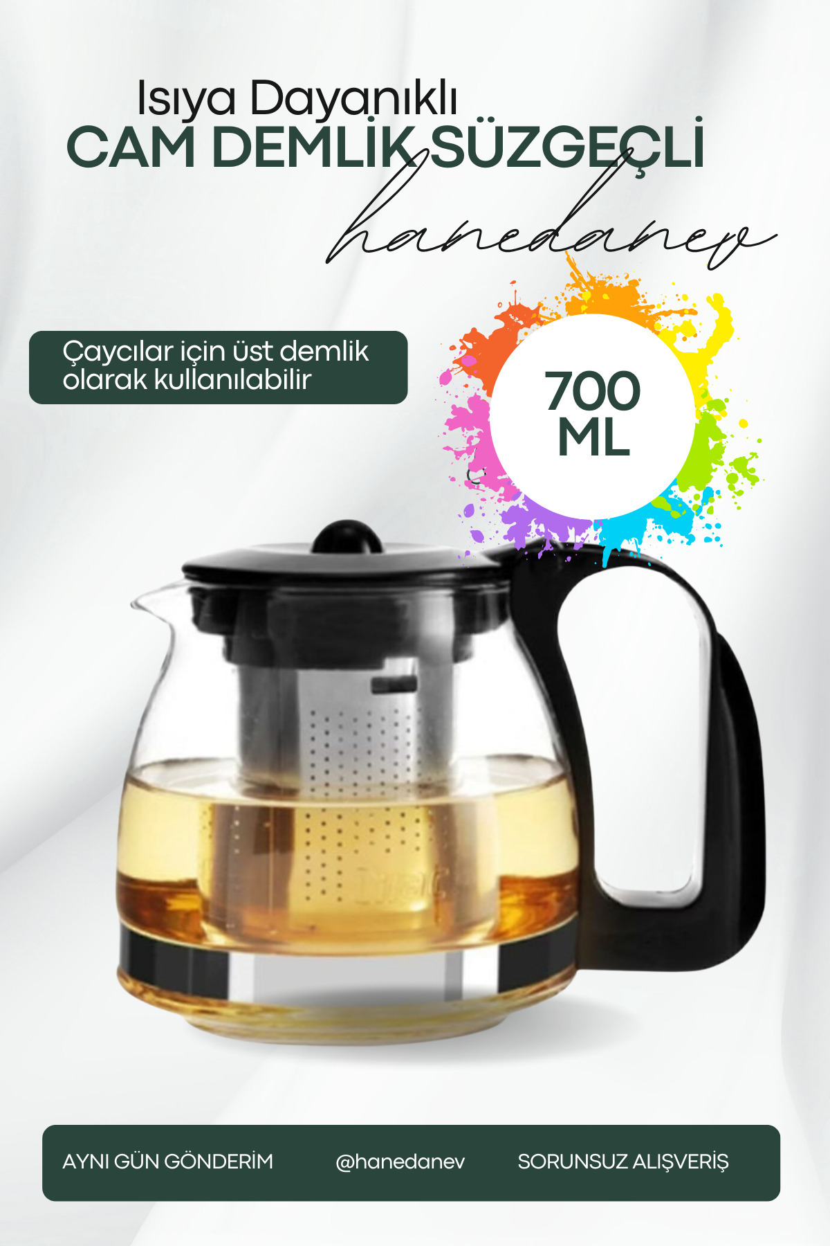 Hanedanev Isıya Dayanıklı Süzgeçli Cam Demlik 700 Ml Çaycı Çay Makinesi Demliği Teapot 700 ML