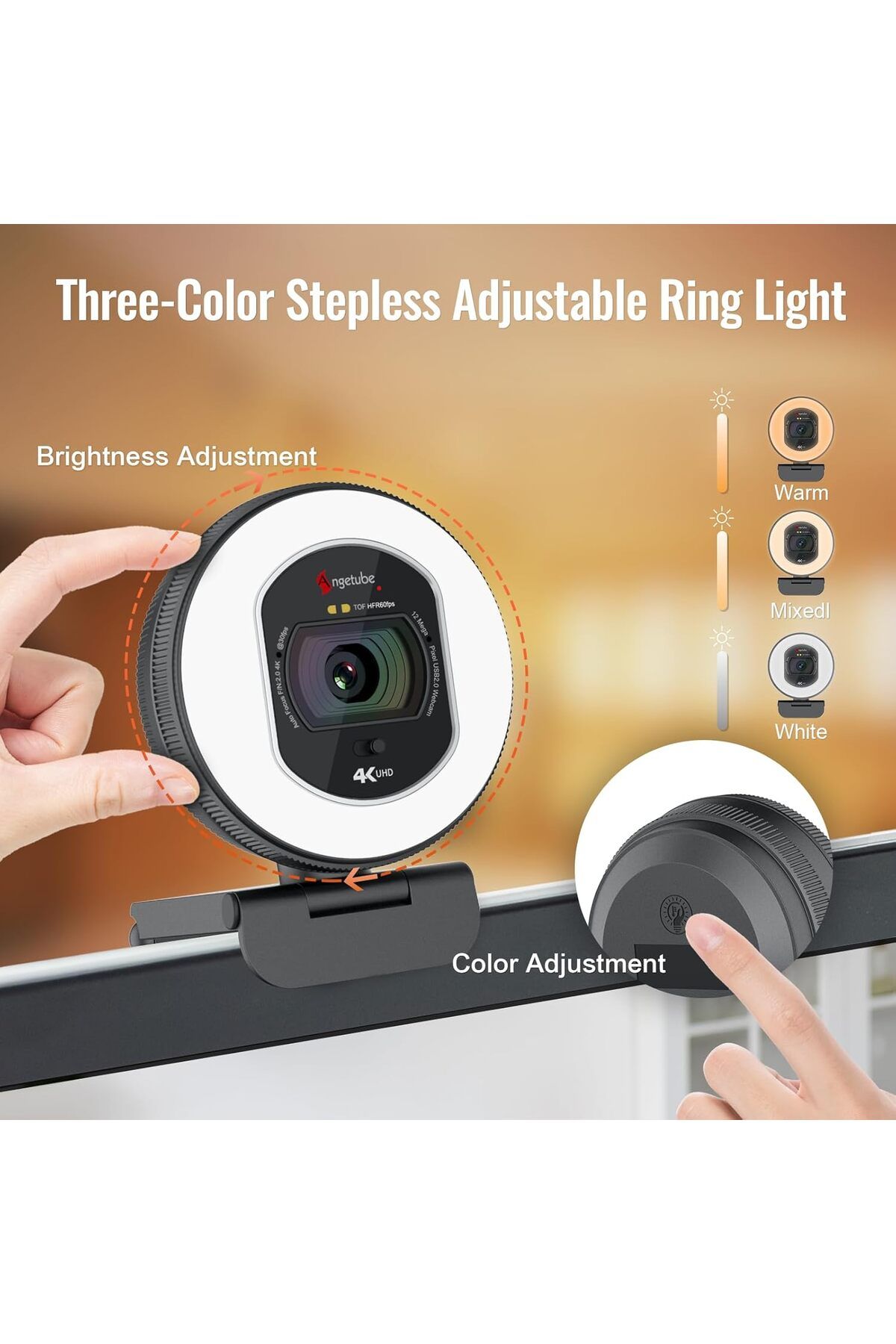 Angetube-Webcam 4K with Light - Streaming Camera for PC with Dual AI Noise Cancelling Microphone, Au 5