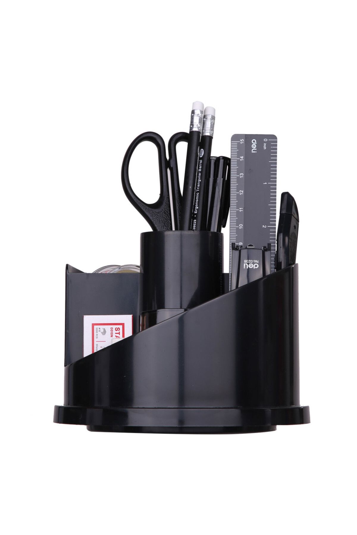 Deli-Organizator de birou rotativ, 7 compartimente, 16 accesorii incluse, negru, design compact 1