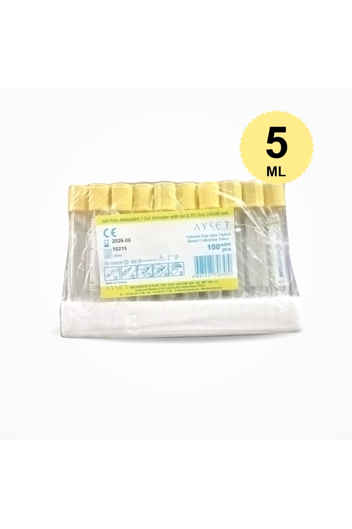 Ayset Vakumlu Jelli Boş Tüp 5 ML (Sarı Kapak) 100'lü Paket