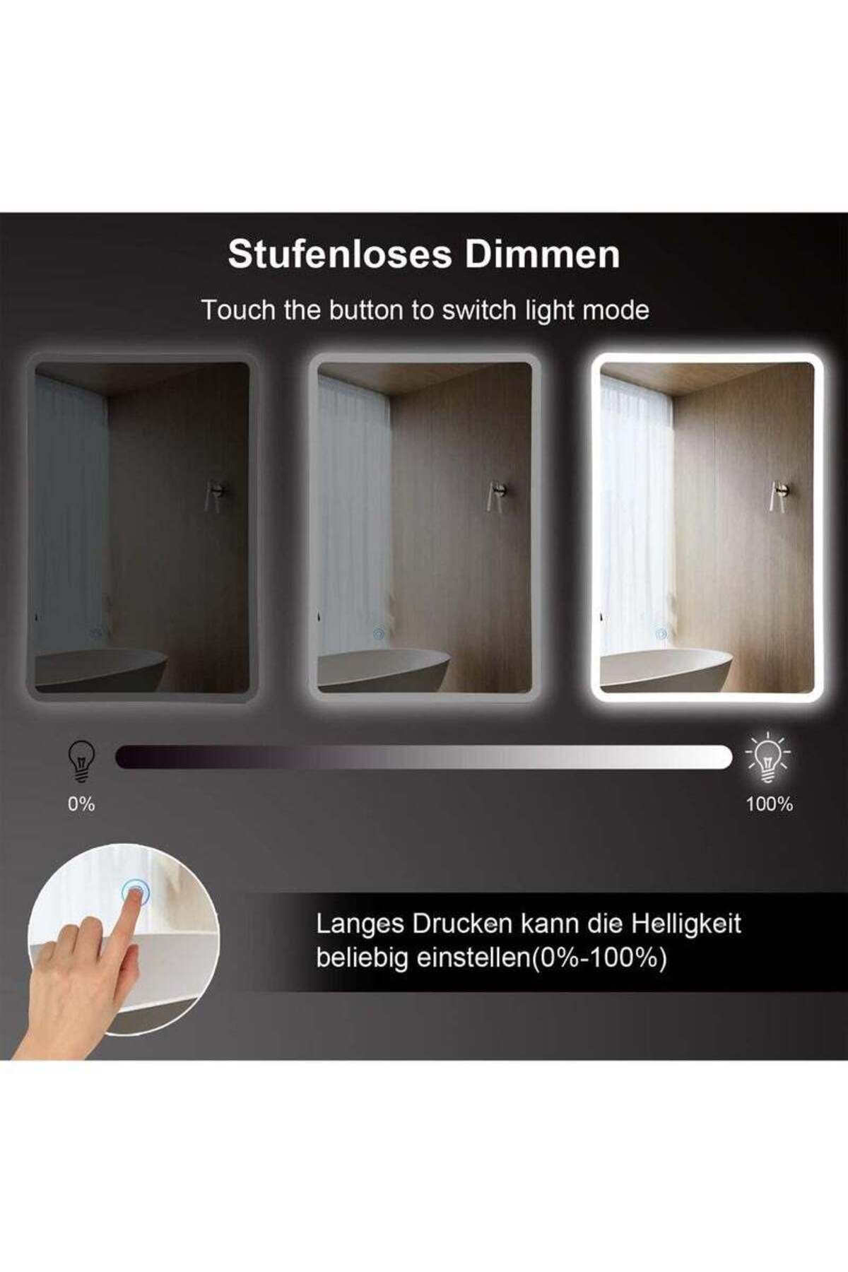 Taimi-60x40cm LED Rectangular Mirror with Touch Control, Side Light, for Bathroom and Makeup 5