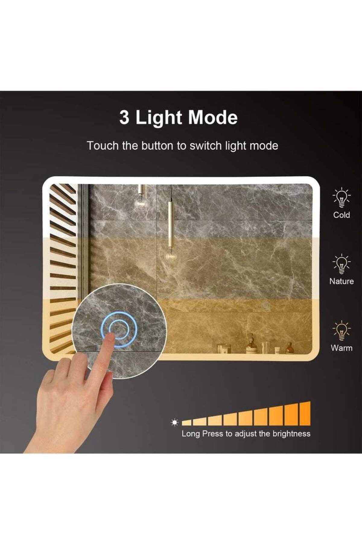 Taimi-60x40cm LED Rectangular Mirror with Touch Control, Side Light, for Bathroom and Makeup 4