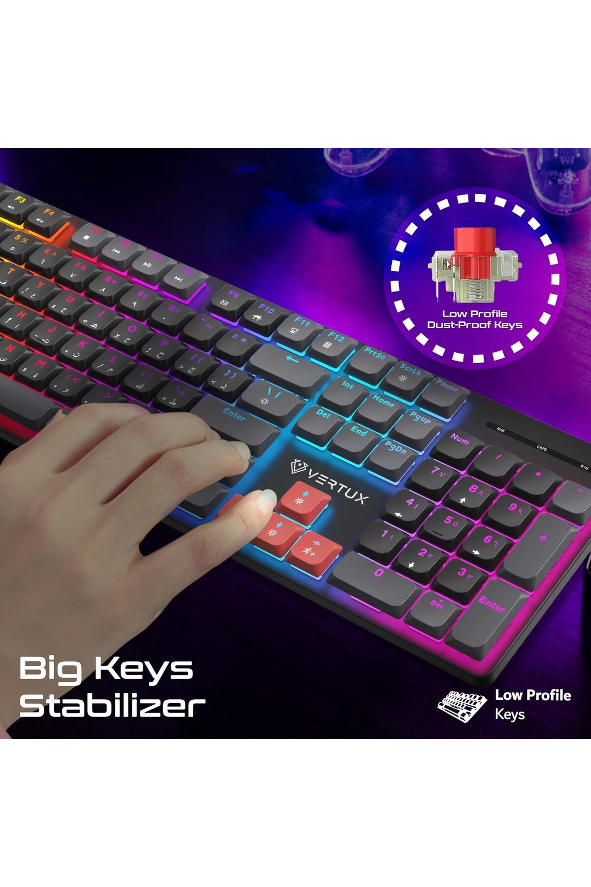 VERTUX-Full-Size Mechanical Keyboard for Gamers With 17 LED Rainbow Modes, Low-Profile Dust-Proof Ke 5