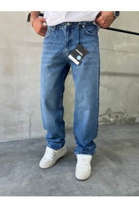 DİFRANSEL Erkek Mavi Yıkamalı Baggy Rahat Pantolon