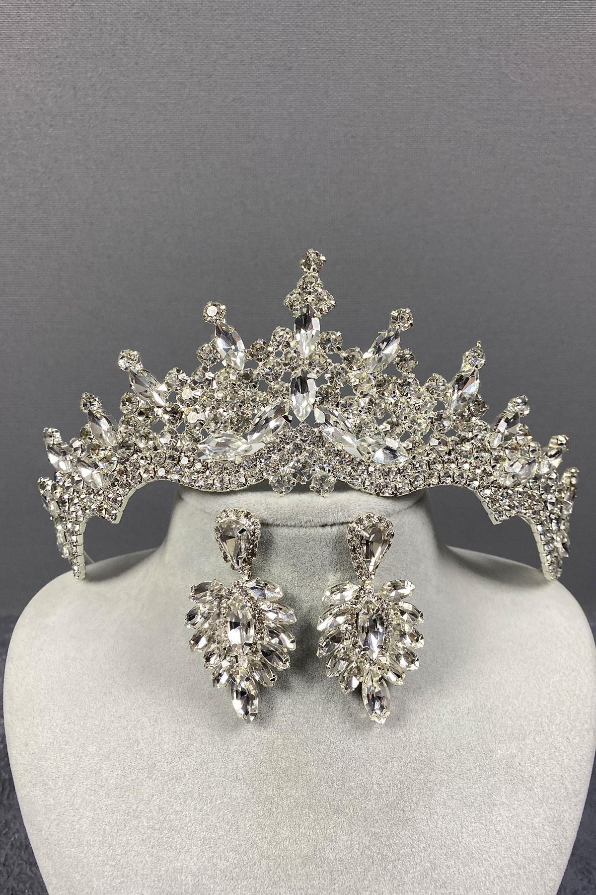 Bridal Crown and Shuttle Earrings Set with Silver Tokyo Gemstone