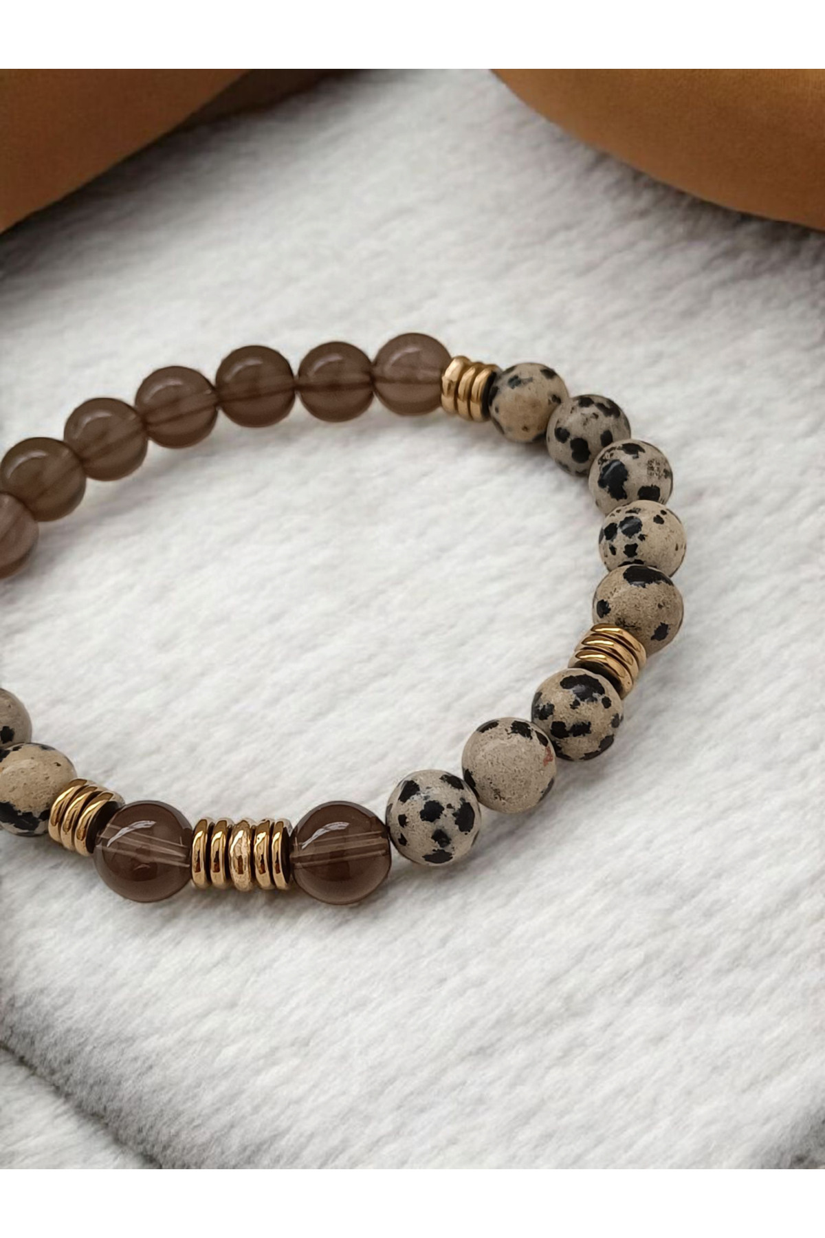 ms denis-"Nature's Magic: Unique Bracelet Designed with Dalmatian Jasper, Smoky Quartz and Gold Hematite" 6