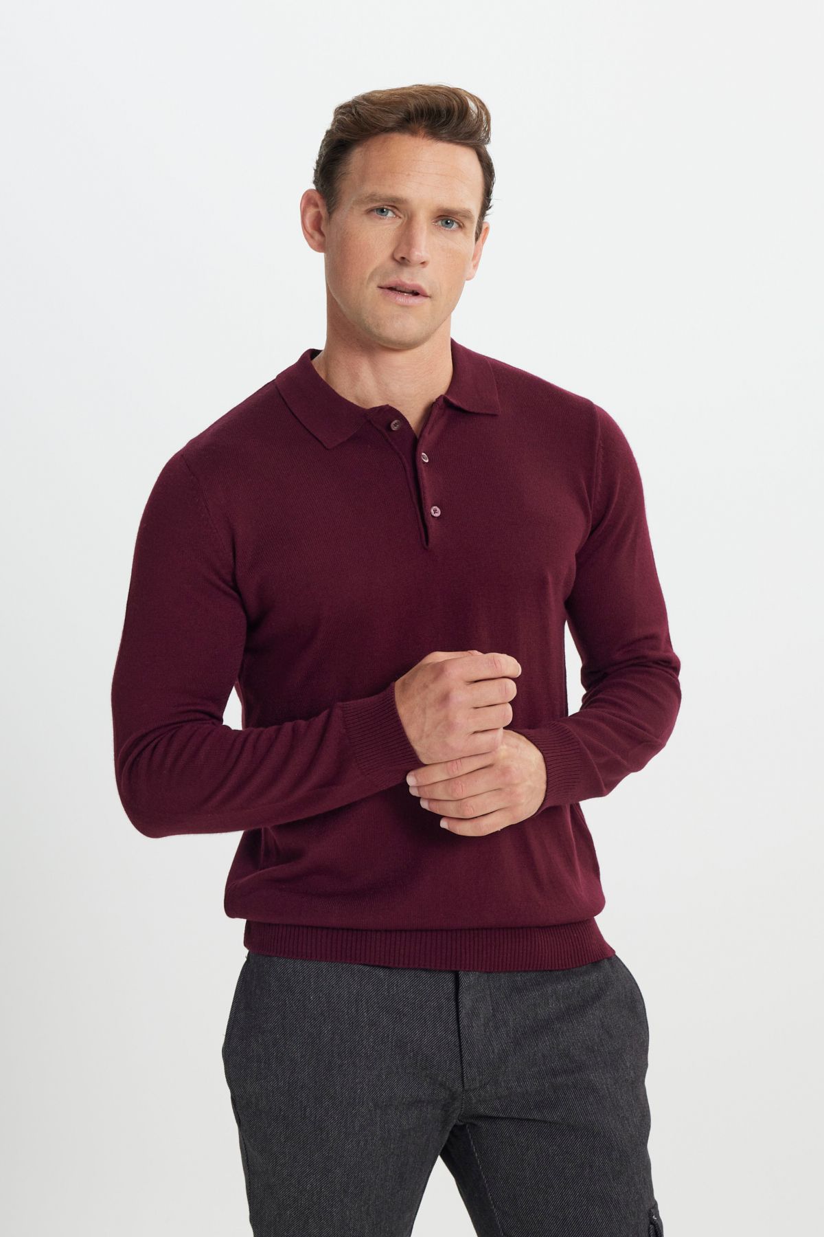 AC&Co / Altınyıldız Classics-Men's Burgundy Anti-Pilling Fabric Standard Fit Polo Collar Knitwear 3