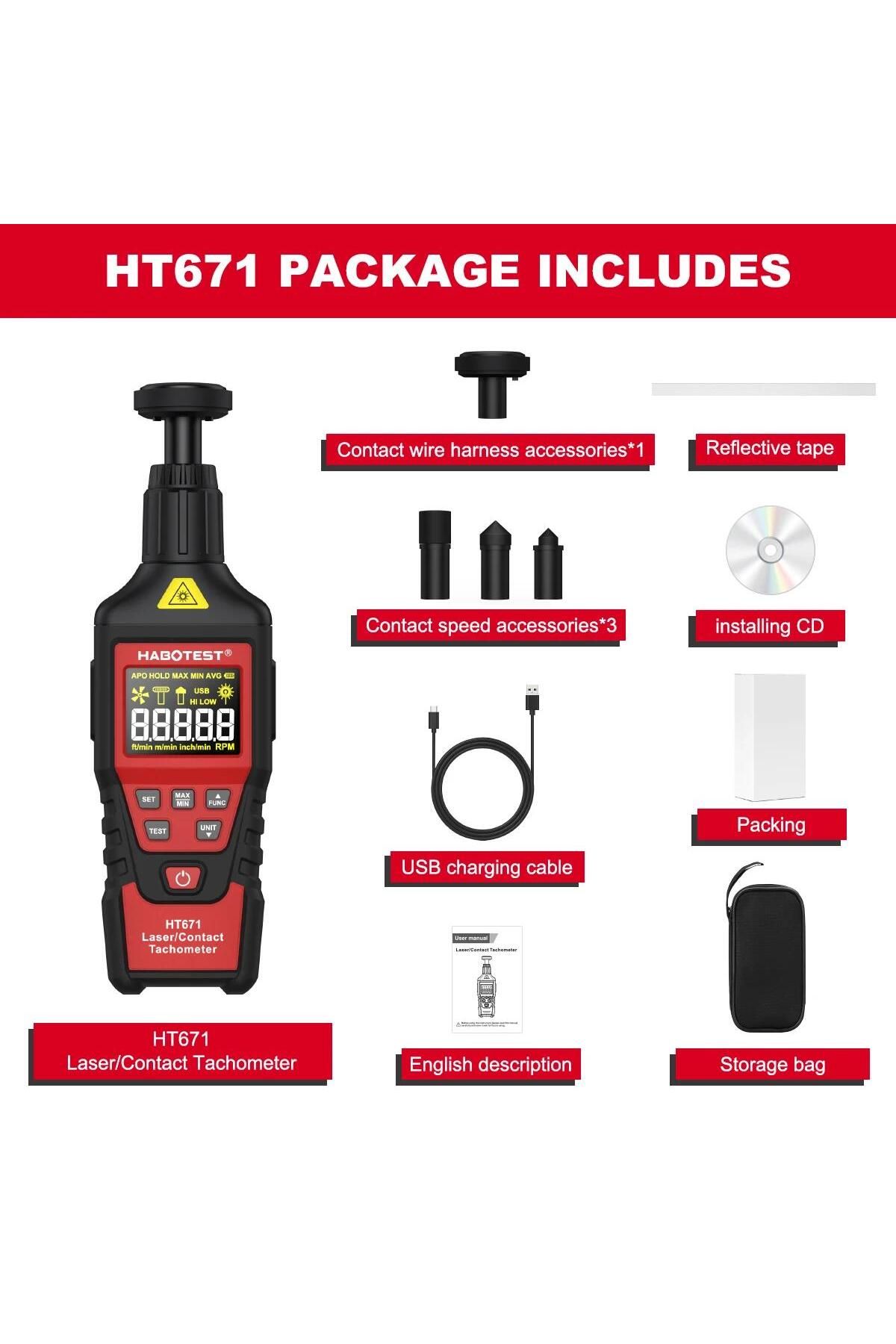 Choice-HT671 HABOTEST HT671 2-in-1 contact and non-contact laser tachometer (switchable mode) 10-99999 coun 1