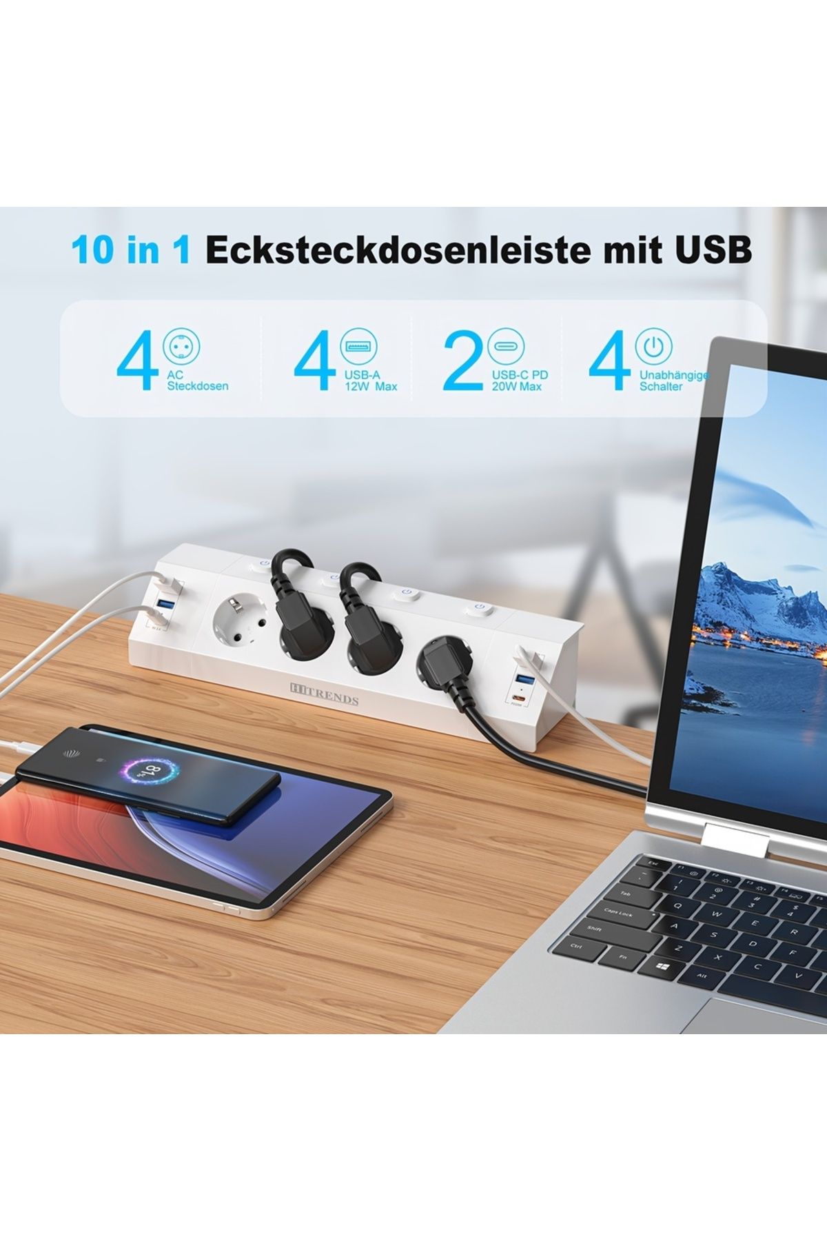 Choice-110-250V EU 4 WHITE Desktop Socket with USB C 20 W, Desktop Power Socket with Independent Switch, 4- 4