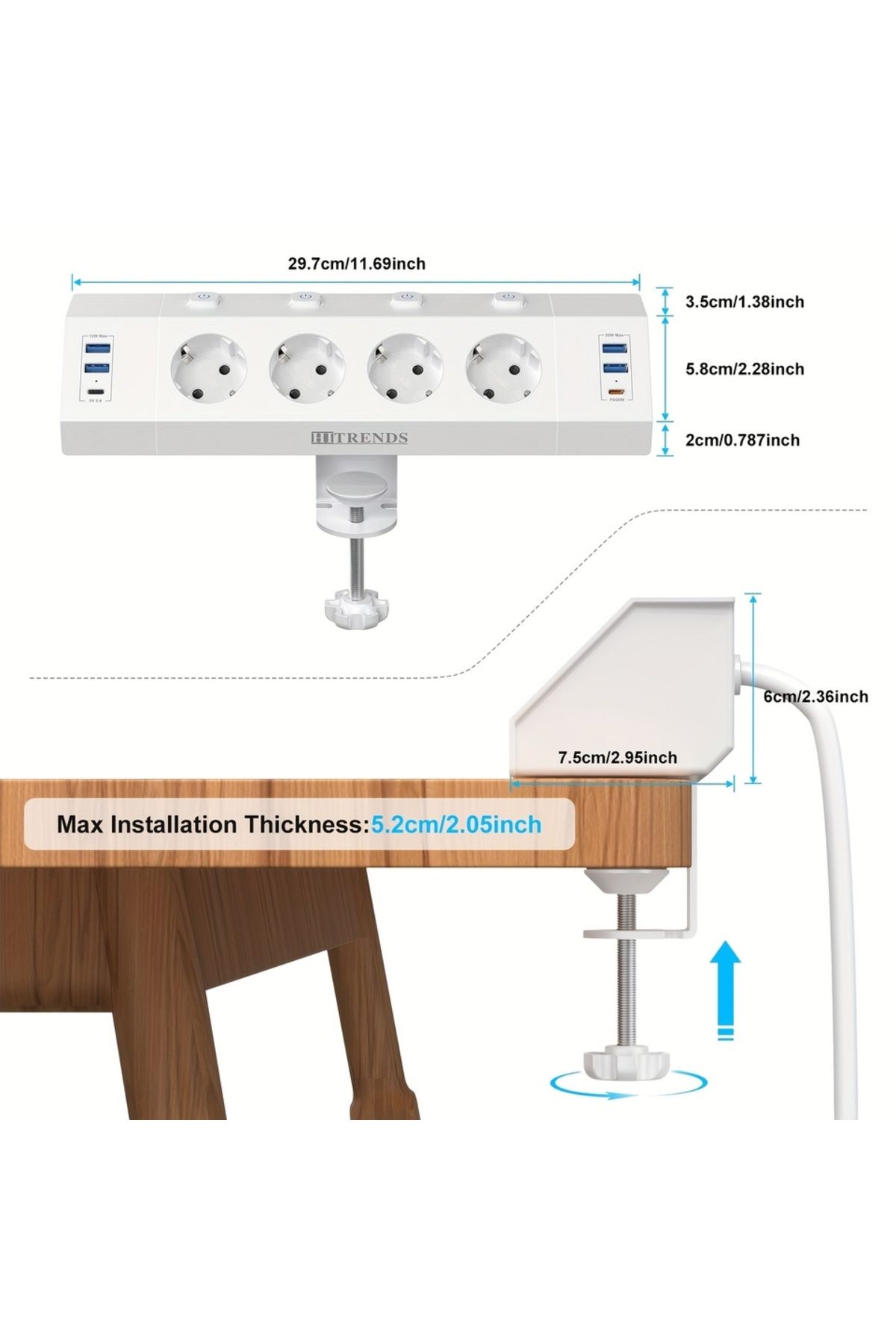 Choice-110-250V EU 4 WHITE Desktop Socket with USB C 20 W, Desktop Power Socket with Independent Switch, 4- 2