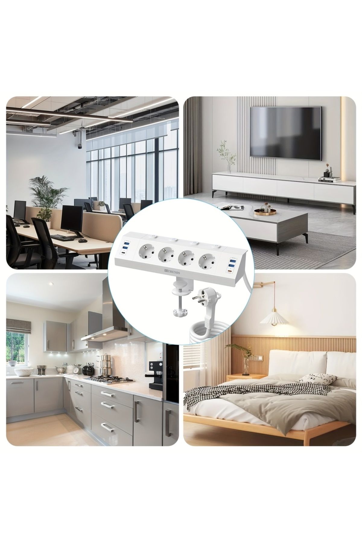 Choice-110-250V EU 4 WHITE Desktop Socket with USB C 20 W, Desktop Power Socket with Independent Switch, 4- 6