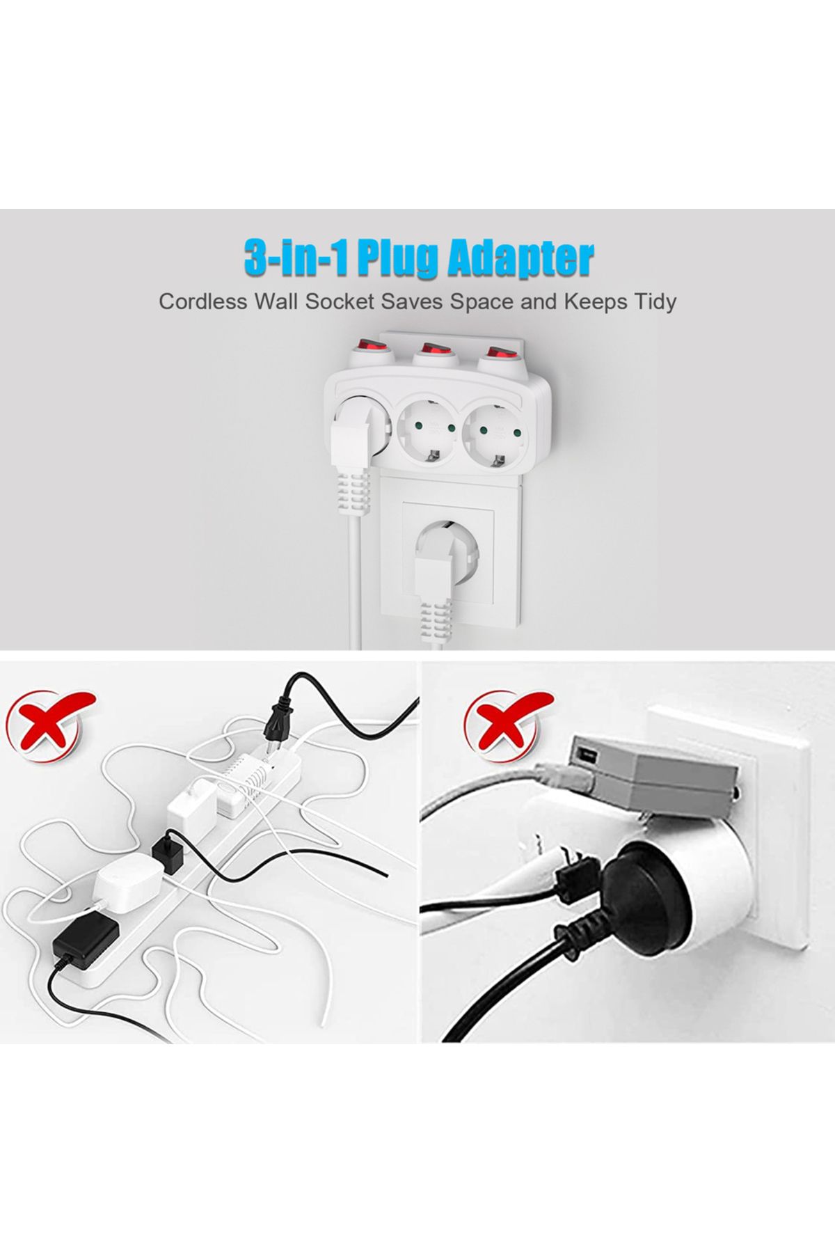 Choice-250V 3 WHITE 3-socket adapter with switch, 3-socket plug adapter, multi-socket with switch, socket d 5