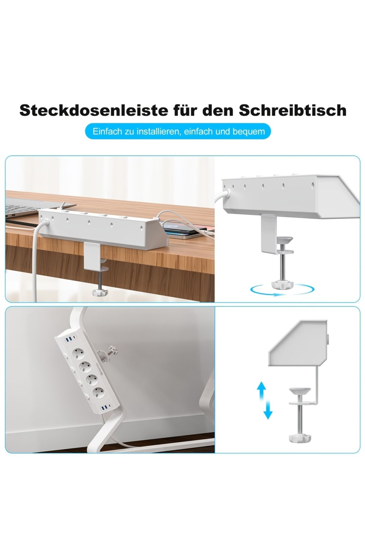 Choice-110-250V EU 4 WHITE Desktop Socket with USB C 20 W, Desktop Power Socket with Independent Switch, 4- 3