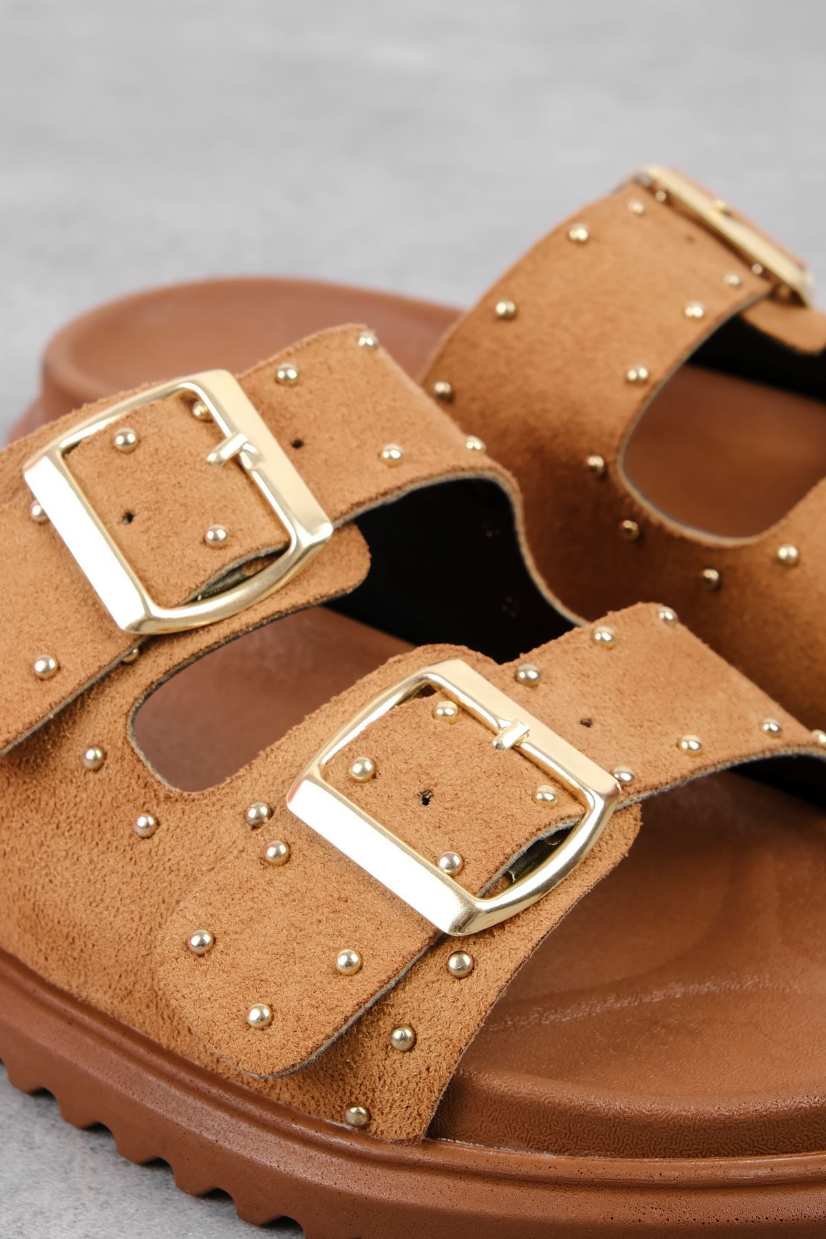 Lal Shoes & Bags-Larwen Women's Metal Beaded Double Strap Buckle Detailed Slippers-S.Taba 6