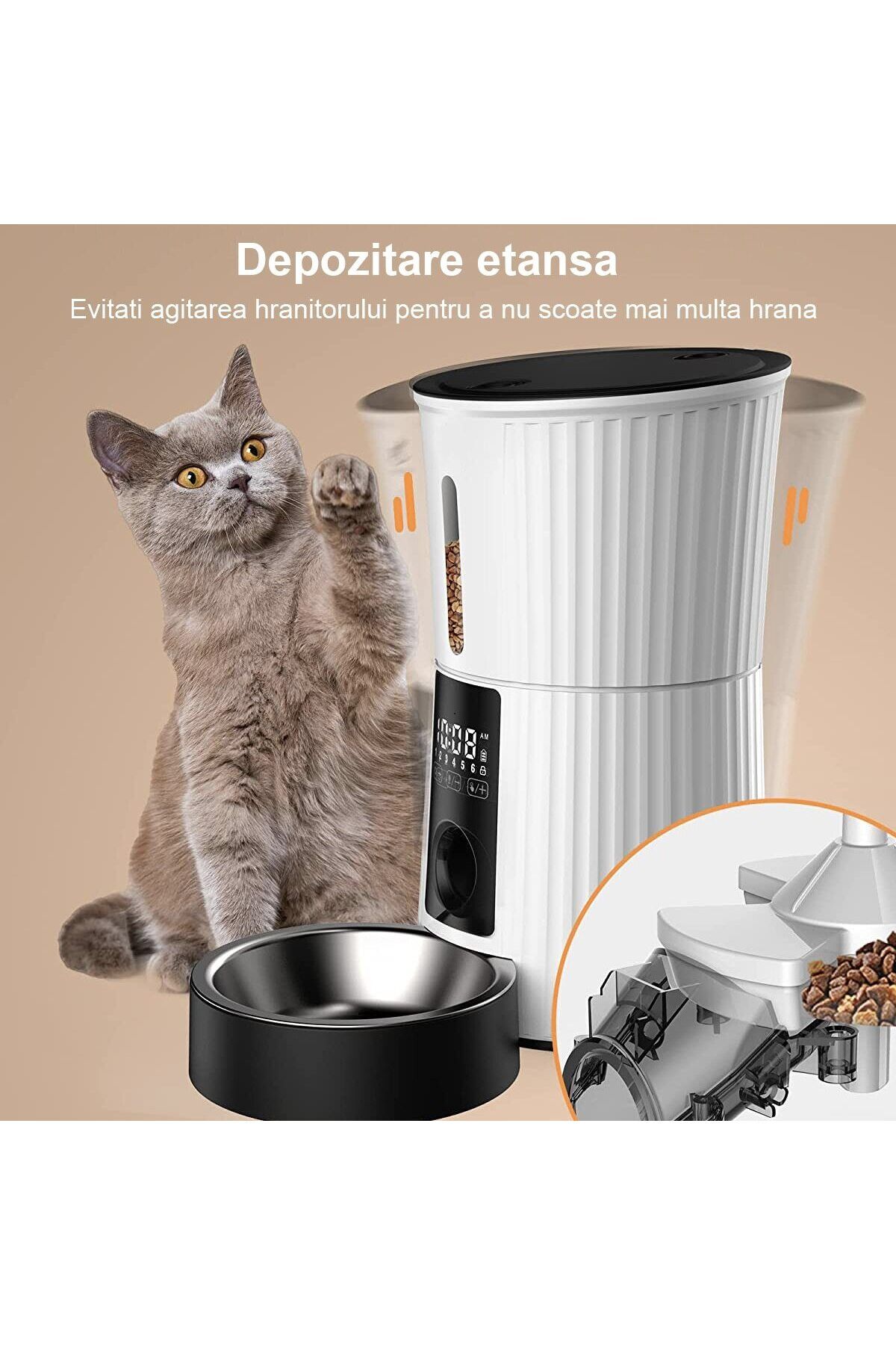 WowStep-Hranitor Automat pentru Caini si Pisici, Inregistrare Voce, 4l, Adapator, 6 Mese Automate, Alb 3