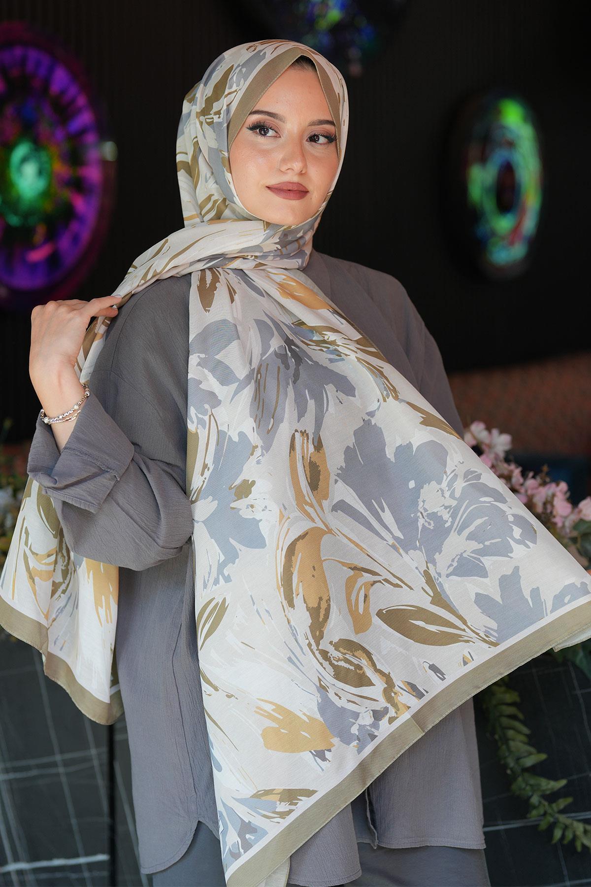 AFVENTE  Zambak Çiçek Desen Gri Soft Pamuk Şal - Görsel 2