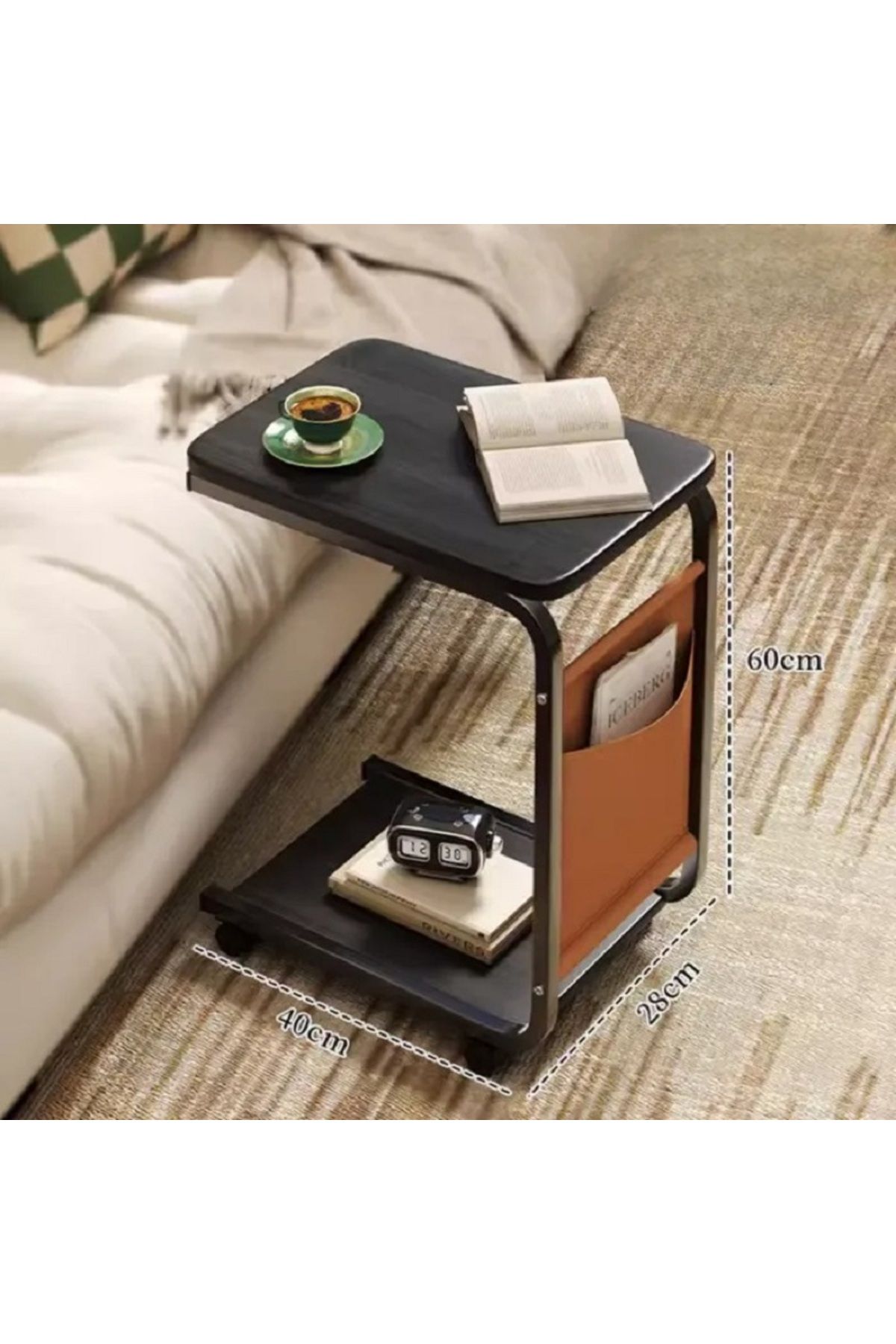 rexa-C-Shaped Rolling Side Table with Storage Pocket - Sofa End Table 2