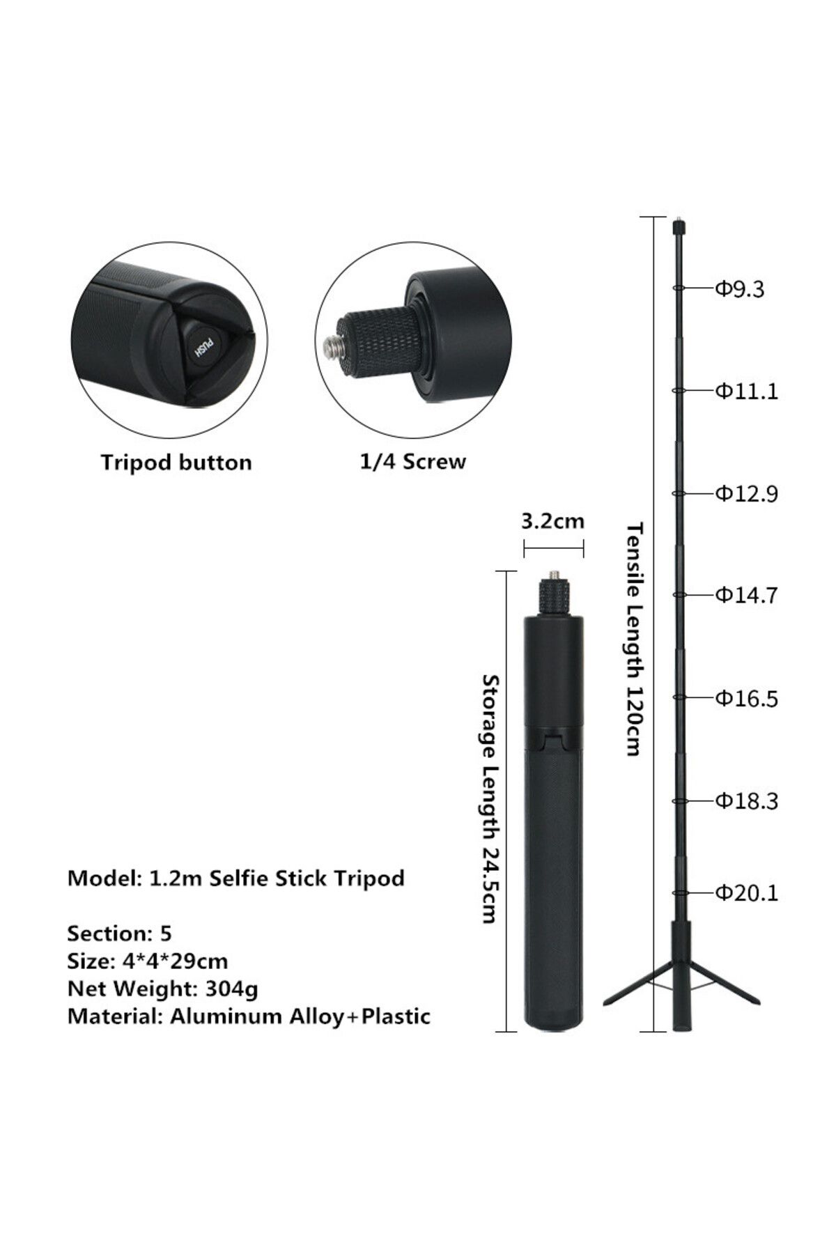 Choice-120CM Invisible Selfie Stick for GoPro 13 12 11 10 9 8 Insta360 X5 X4 X3 X2 1/4" Extended Monopod Po 1