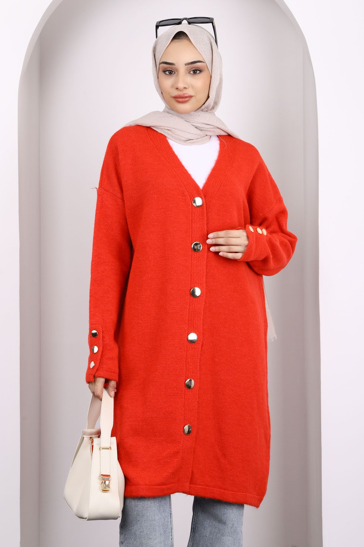 İmajButik-Red Buttoned Long Hooded Knitwear Cardigan 3