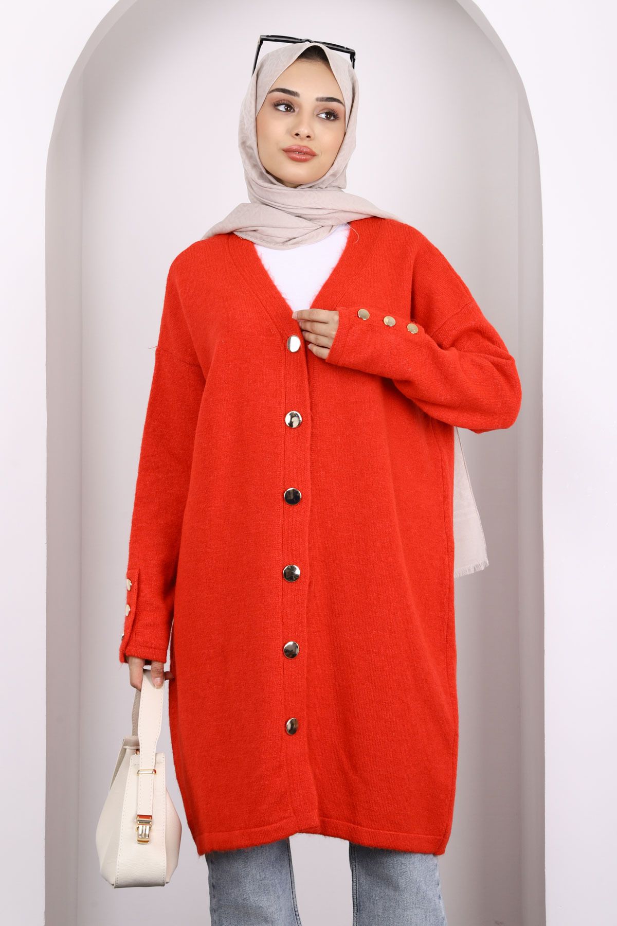 İmajButik-Red Buttoned Long Hooded Knitwear Cardigan 1