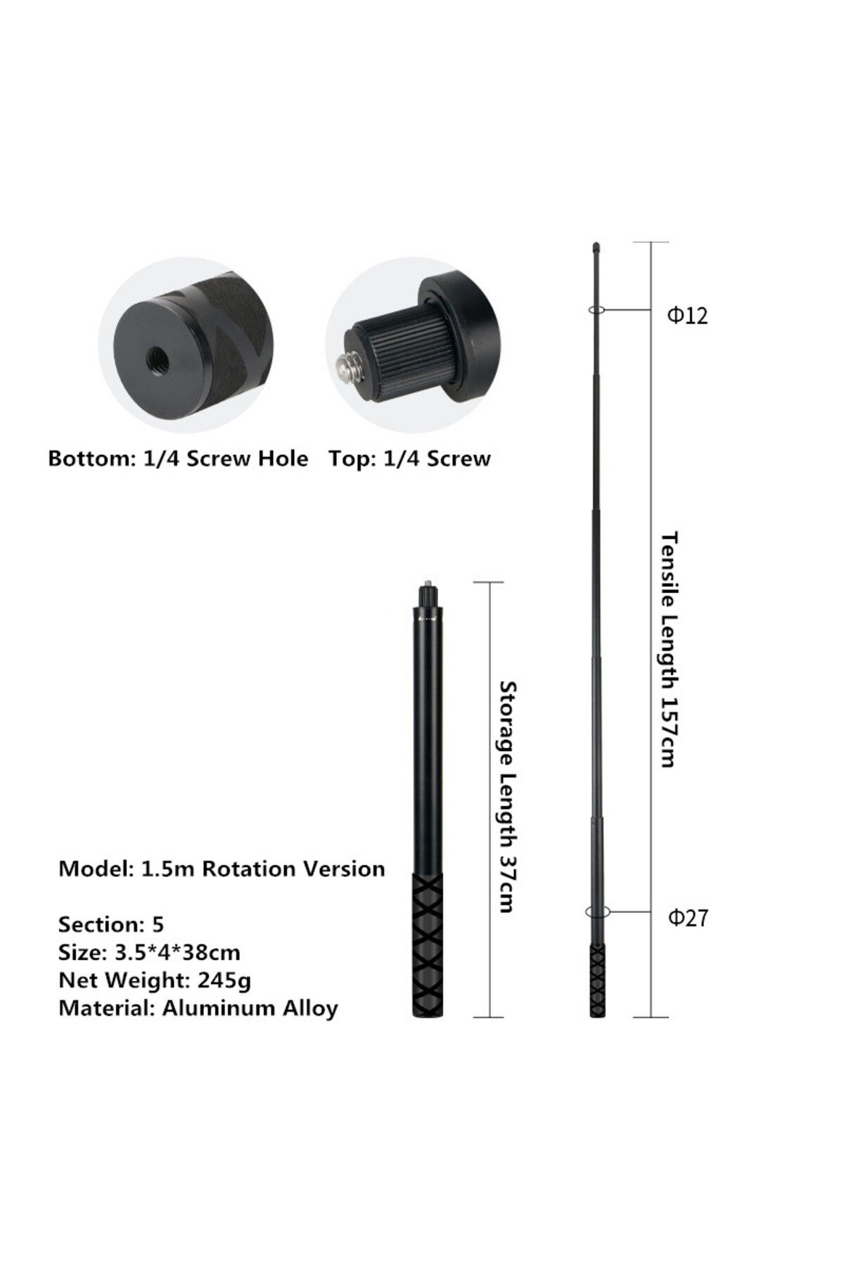 Choice-157CM Invisible Selfie Stick for GoPro 13 12 11 10 9 8 Insta360 X5 X4 X3 X2 1/4" Extended Monopod Po 1