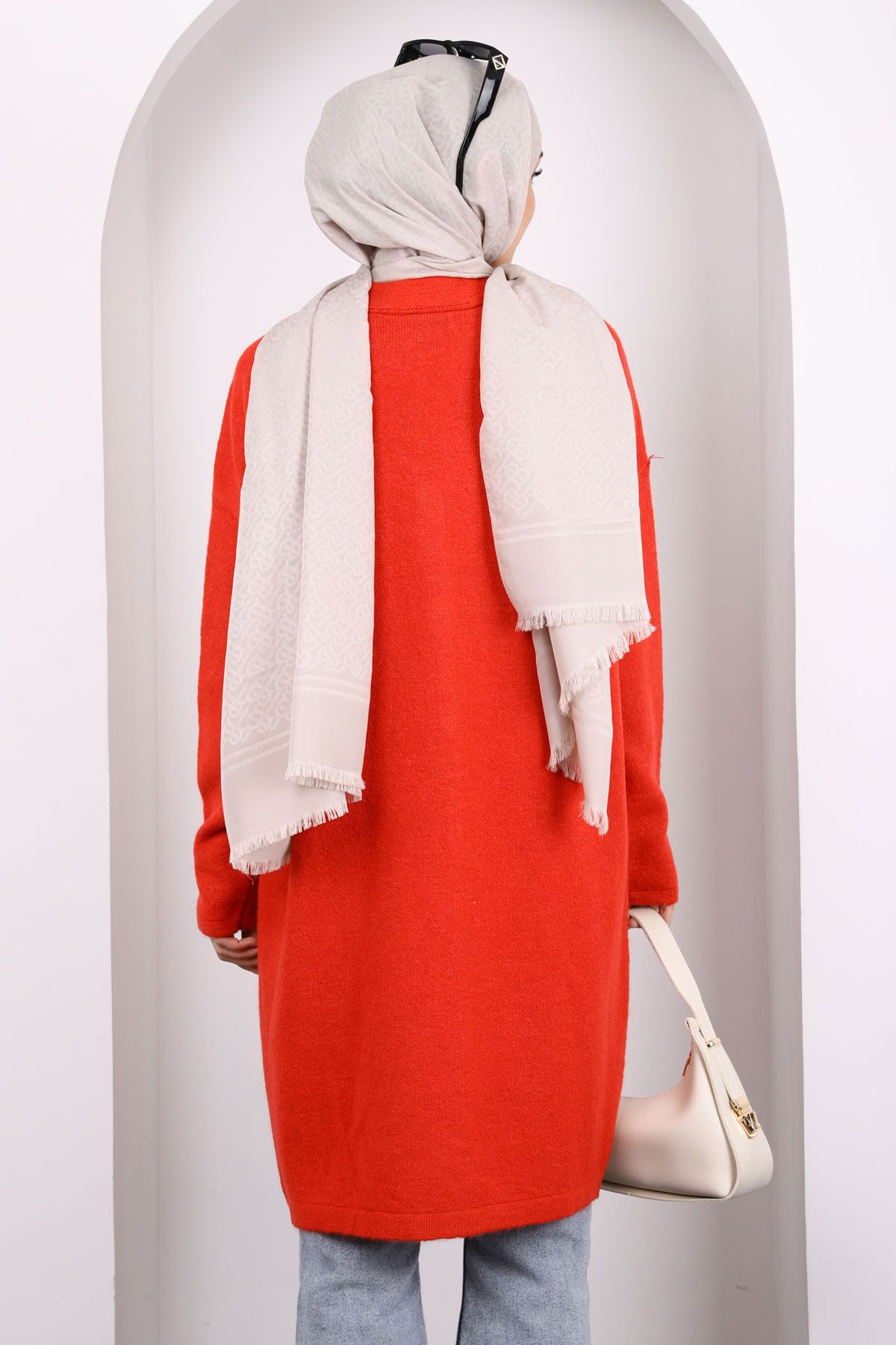 İmajButik-Red Buttoned Long Hooded Knitwear Cardigan 4