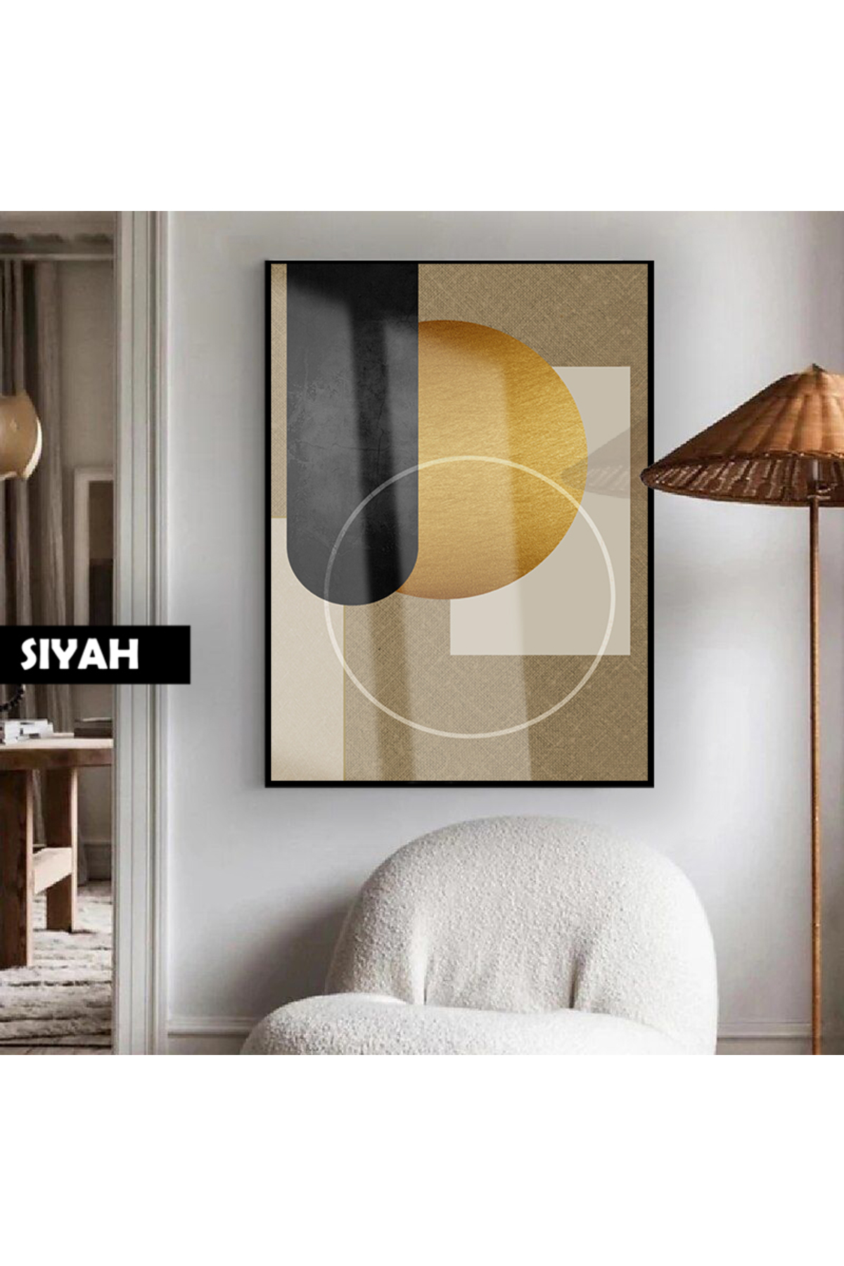HARIKABIREV|GRAY-GOLD ABSTRACT BOHO MODEL 01 |FRAMED TEMPERED GLASS TABLE SINGLE VERTICAL