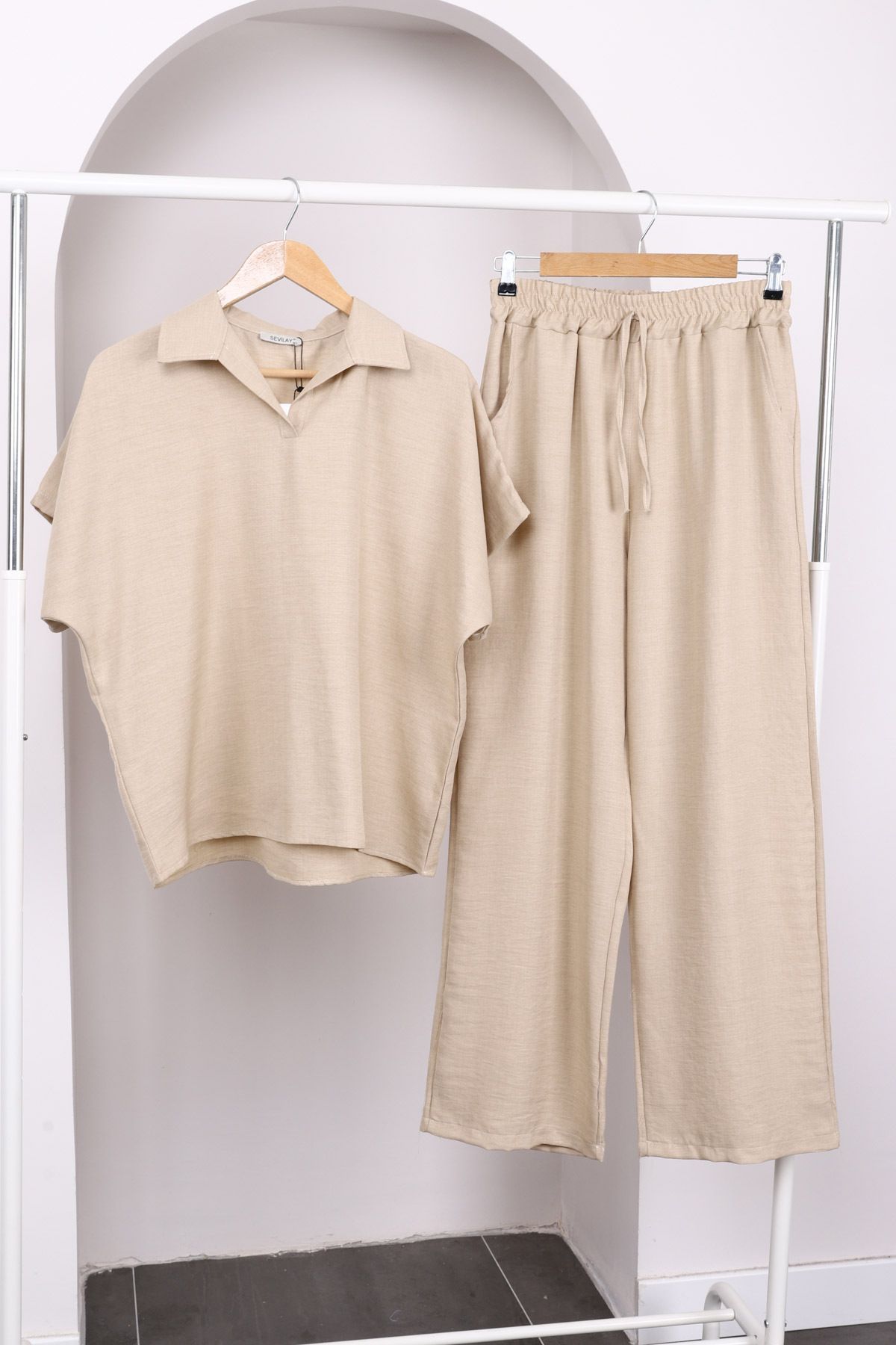 İmajButik-Mink Off-Shoulder Shirt and Trousers Linen Suit 3