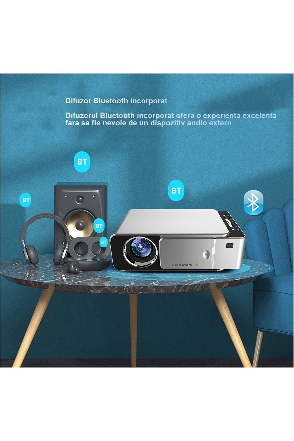 WowStep-Videoproiector, Android, Bluetooth, 3000 Lumeni, HD, LED, HDMI, VGA, AV, USB, Mirroring Android/IOS 3