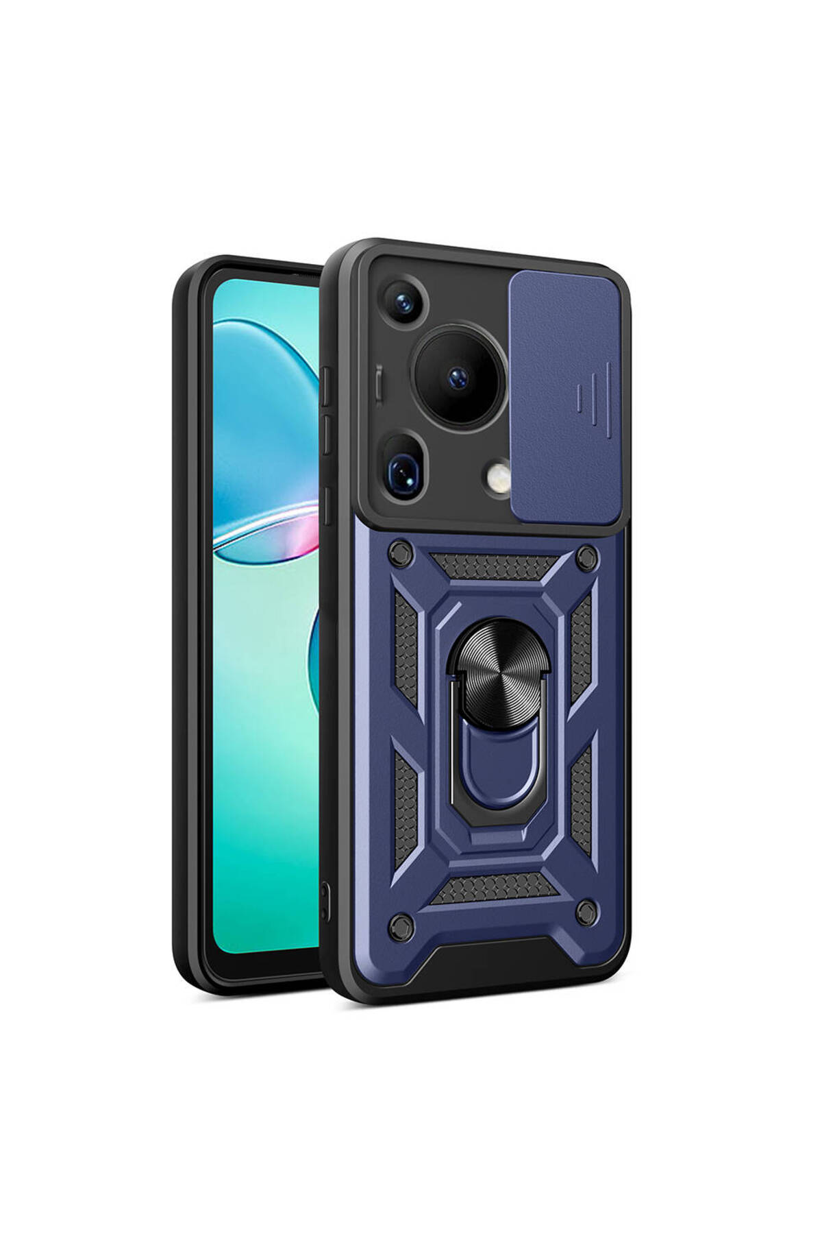 Huawei Pura 70 Ultra Kılıf Magnetik Standlı Kamera Korumalı TKNC Sürgülü Vega Kapak - Mavi Uyumlu
