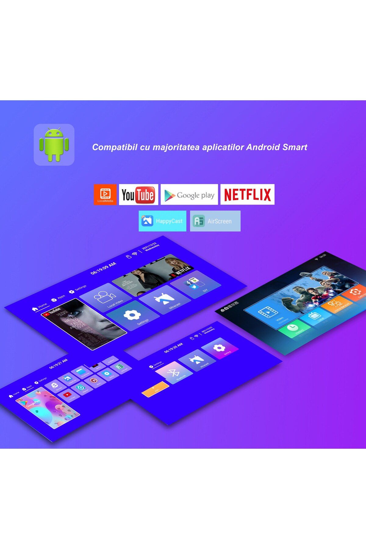 WowStep-Videoproiector, Android, Bluetooth, 3000 Lumeni, HD, LED, HDMI, VGA, AV, USB, Mirroring Android/IOS 4