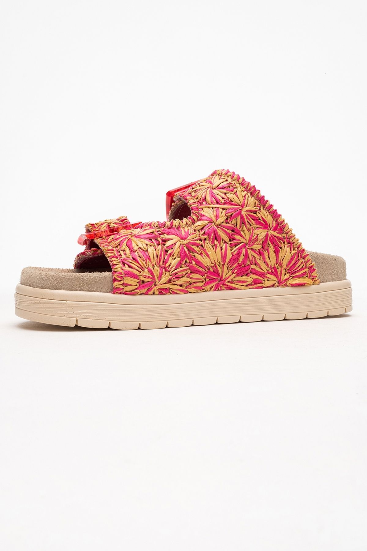 LuviShoes-Γυναικείες παντόφλες MILANA με ροζ σχέδιο από γνήσιο δέρμα με διπλό λουράκι 4