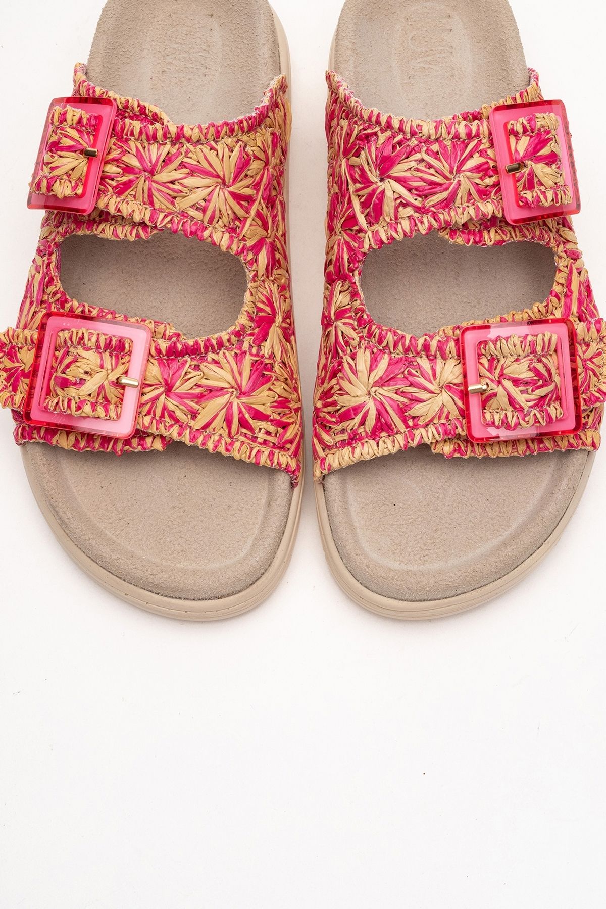 LuviShoes-Γυναικείες παντόφλες MILANA με ροζ σχέδιο από γνήσιο δέρμα με διπλό λουράκι 2