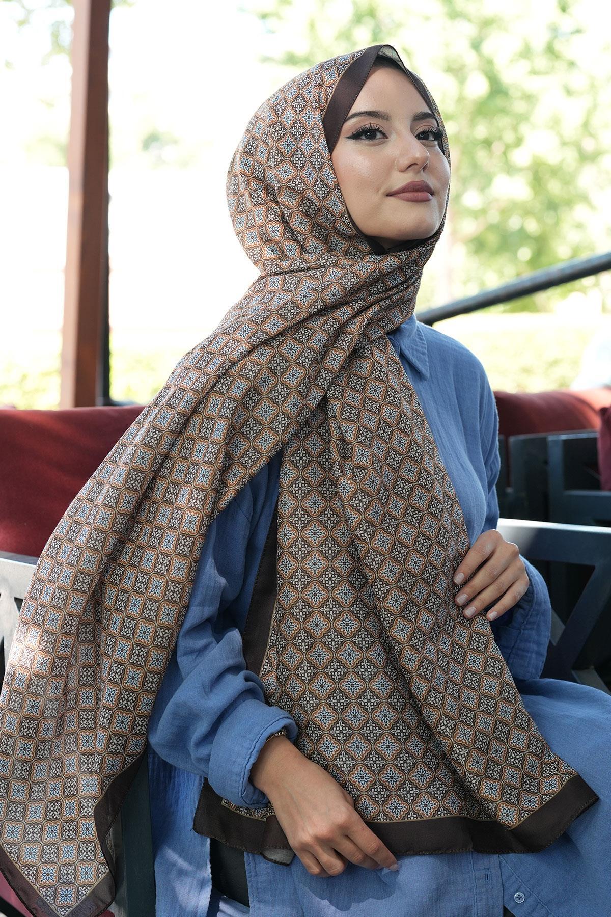 AFVENTE  Mozaik Desen Çikolata Soft Pamuk Şal - Görsel 5