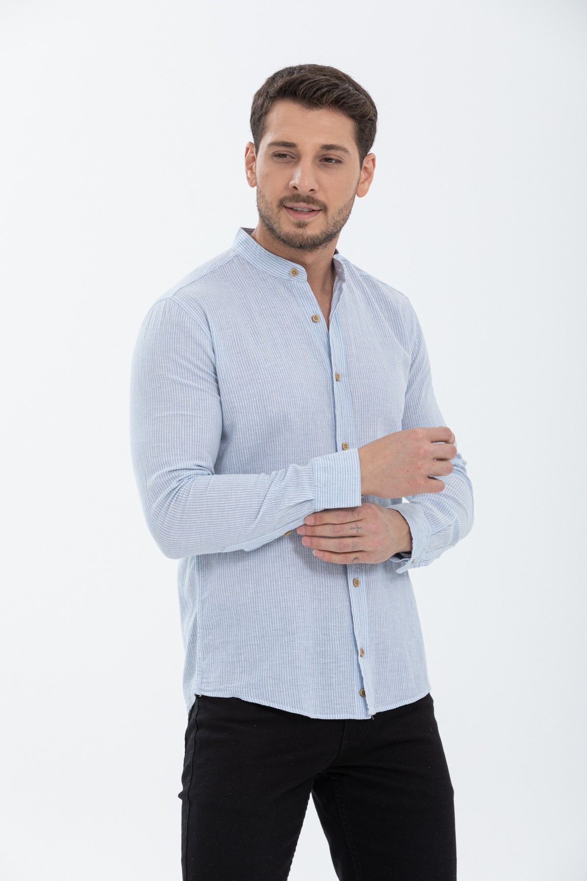 Klothy  Erkek Uzun Kol Hakim Yaka Çizgili Keten Gömlek 2447 - Görsel 2
