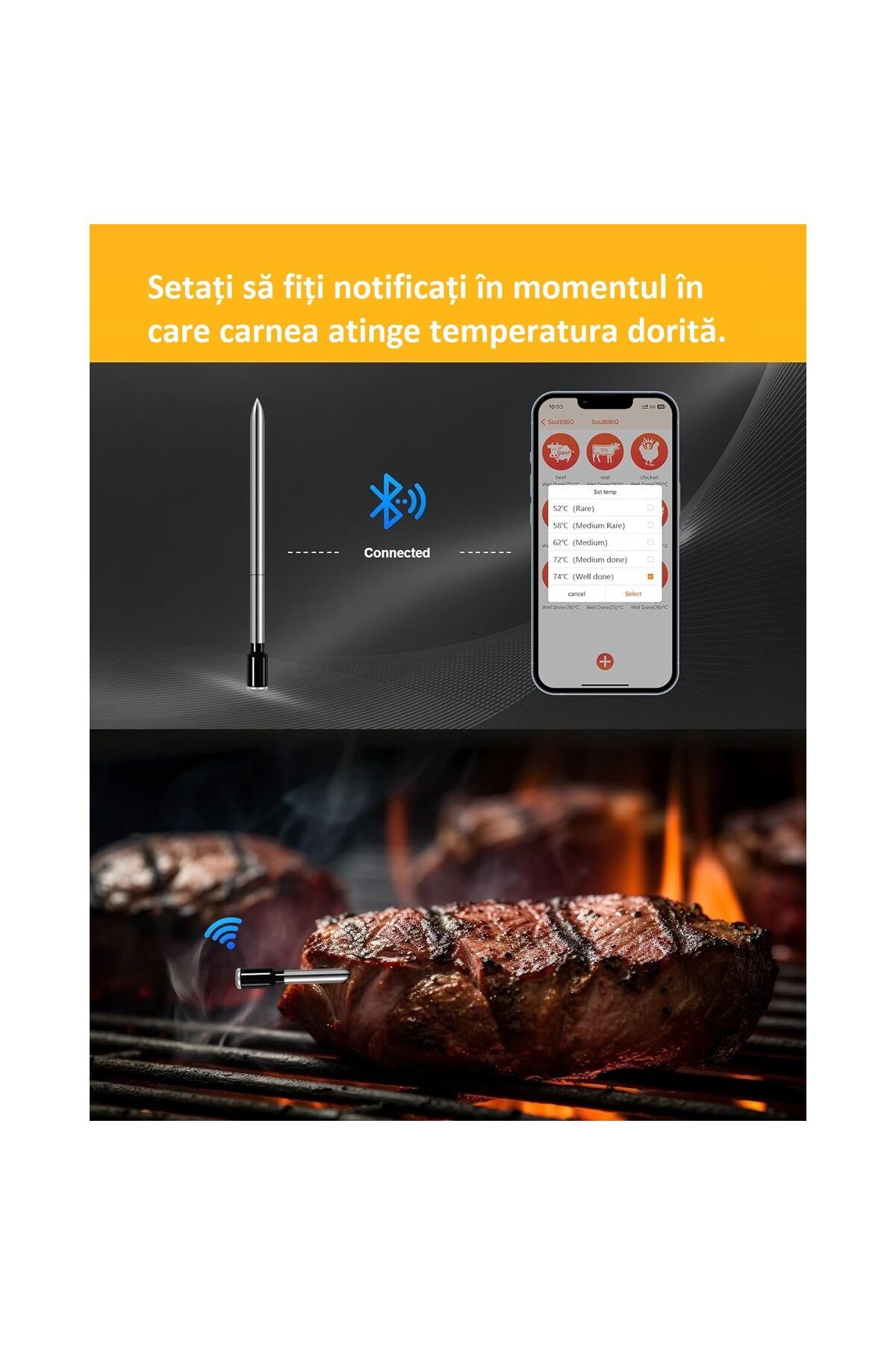 MOAWAVE-Termometru inteligent de bucătărie, conexiune wireless cu orice smartphone, aplicație mobilă dedicată 4