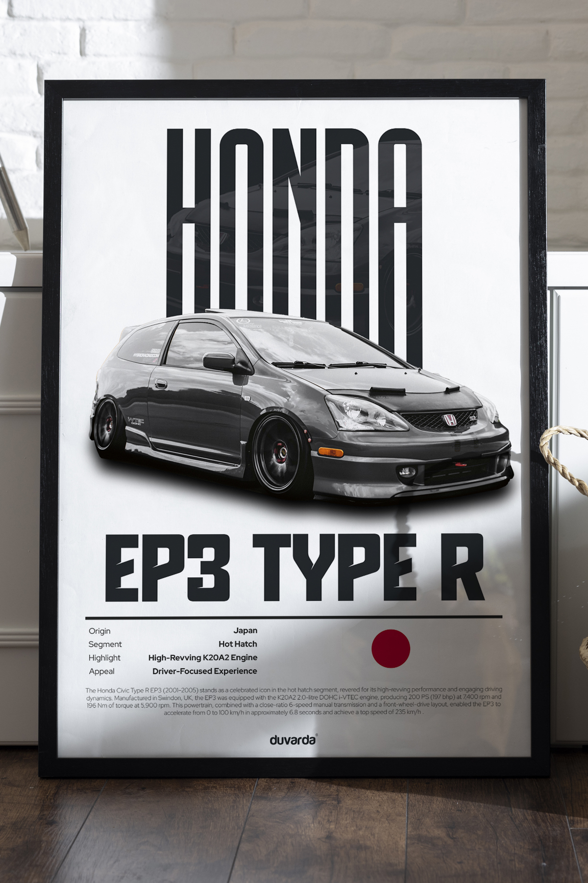 Genel Markalar Honda Ep3 Type R Araba Siyah Ahşap Çerçeveli Poster
