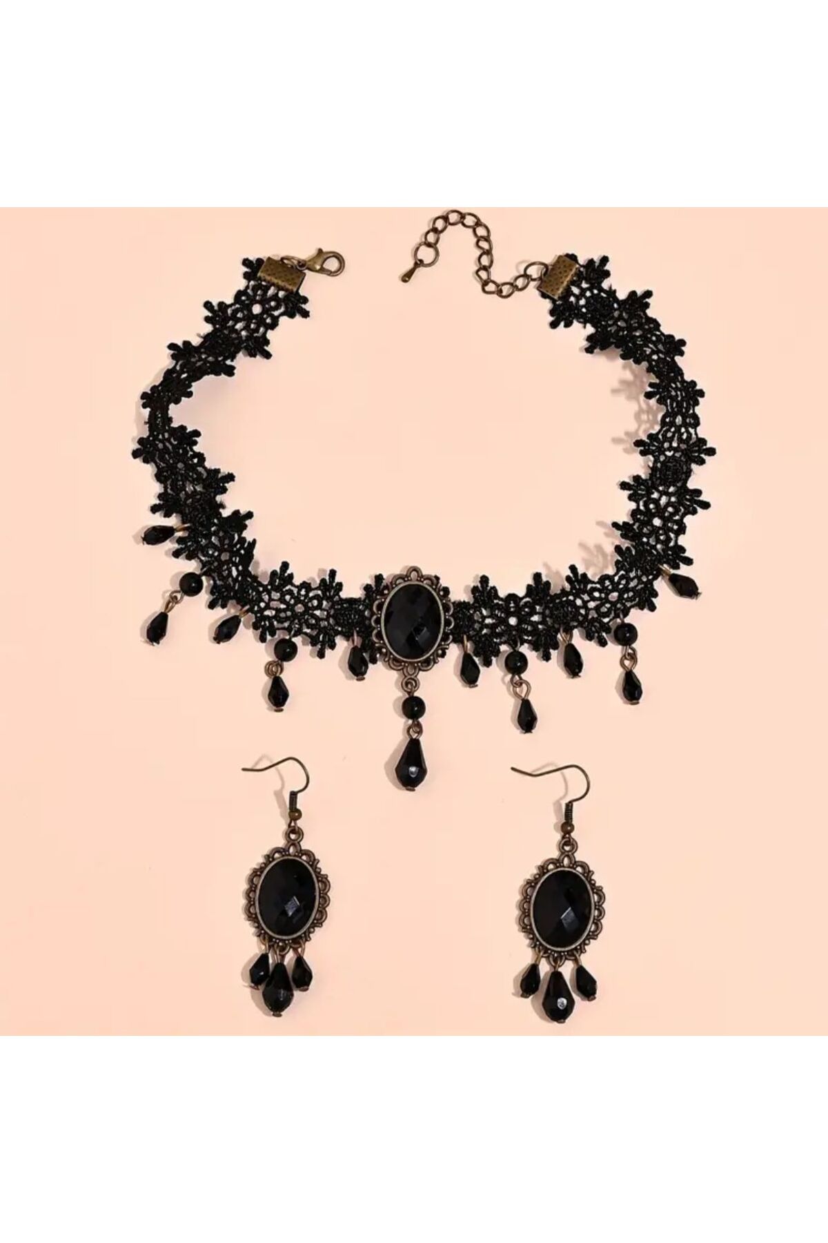 Yıldız Accessory-Gothic Modern Black Lace Choker Necklace Earring Set 2