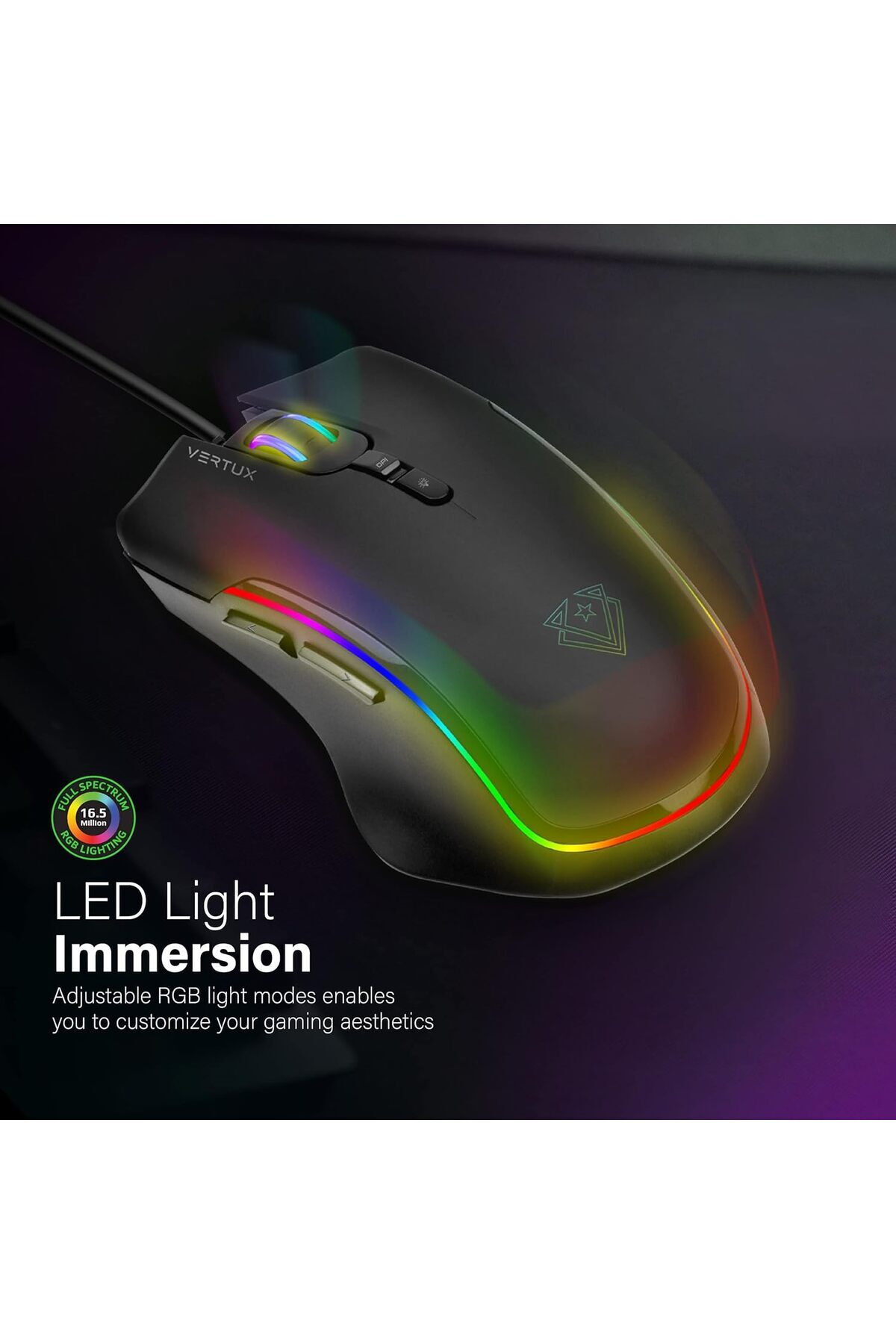 VERTUX-Gaming Mouse, Charged Lightweight Optical Sensor Wired Mouse with 10000 Adjustable DPI, Custo 5