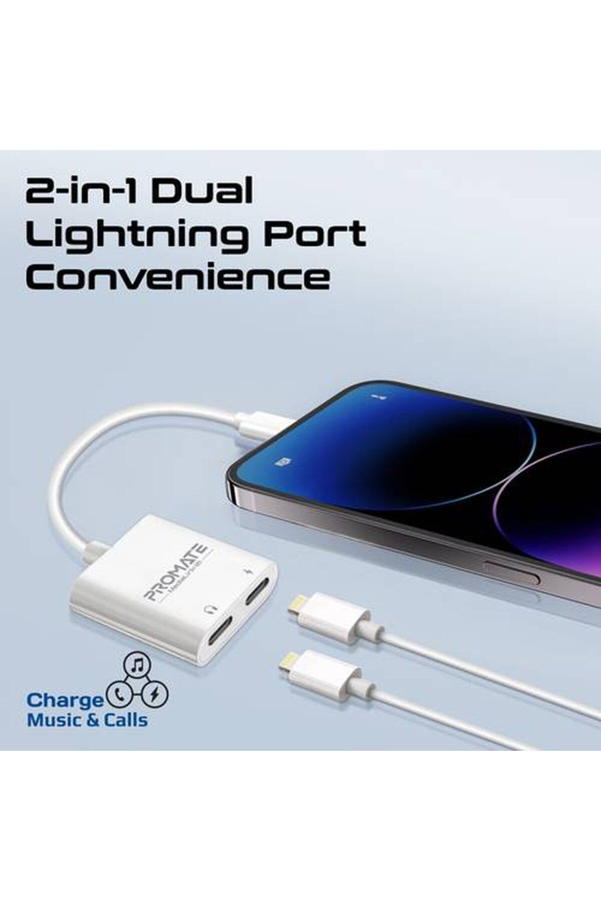 Promate-2-in-1 Dual Port Lightning Adapter, 10W Charging with 48kHz Audio Output 3