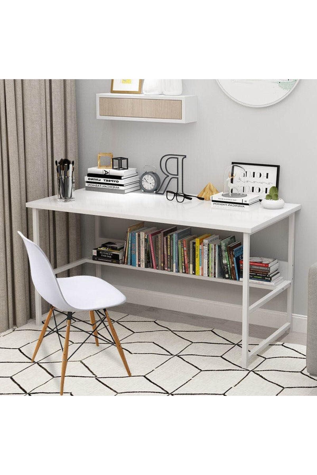 AGD-Modern Multipurpose Writing Desk Study Computer Gaming Desk with Bookshelf Storage Easy Assembly 4