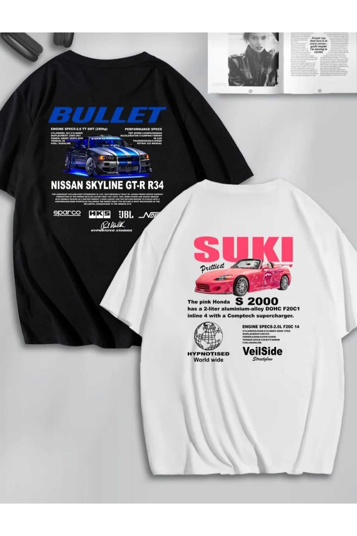 kahire  Kadın Erkek Unisex Hızlı ve Öfkeli Bullet & Suki SIRT Baskılı Sevgili Çift Kombini 2'li T-shirt