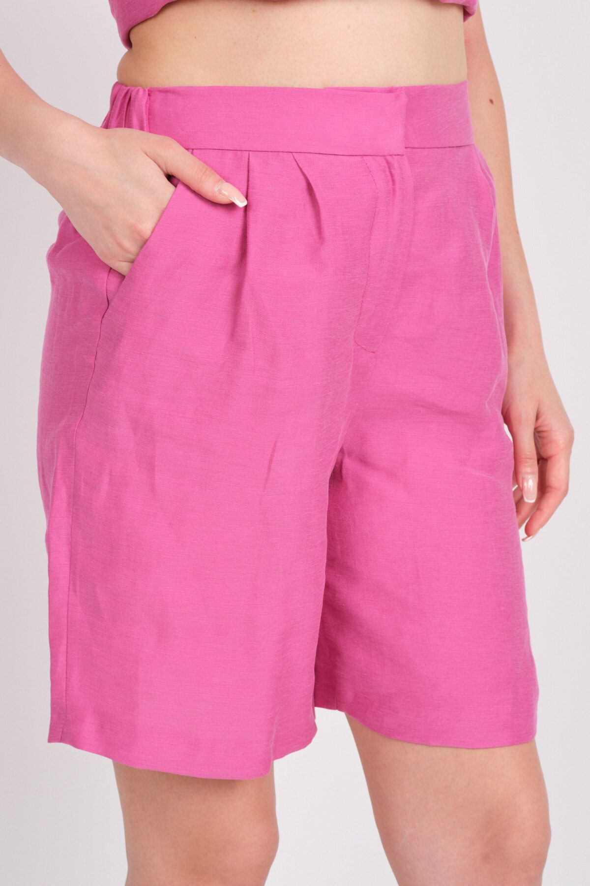 AYHAN-Pantaloni scurți de in pentru femei cu buzunar elastic în talie 1247 fucsia 3