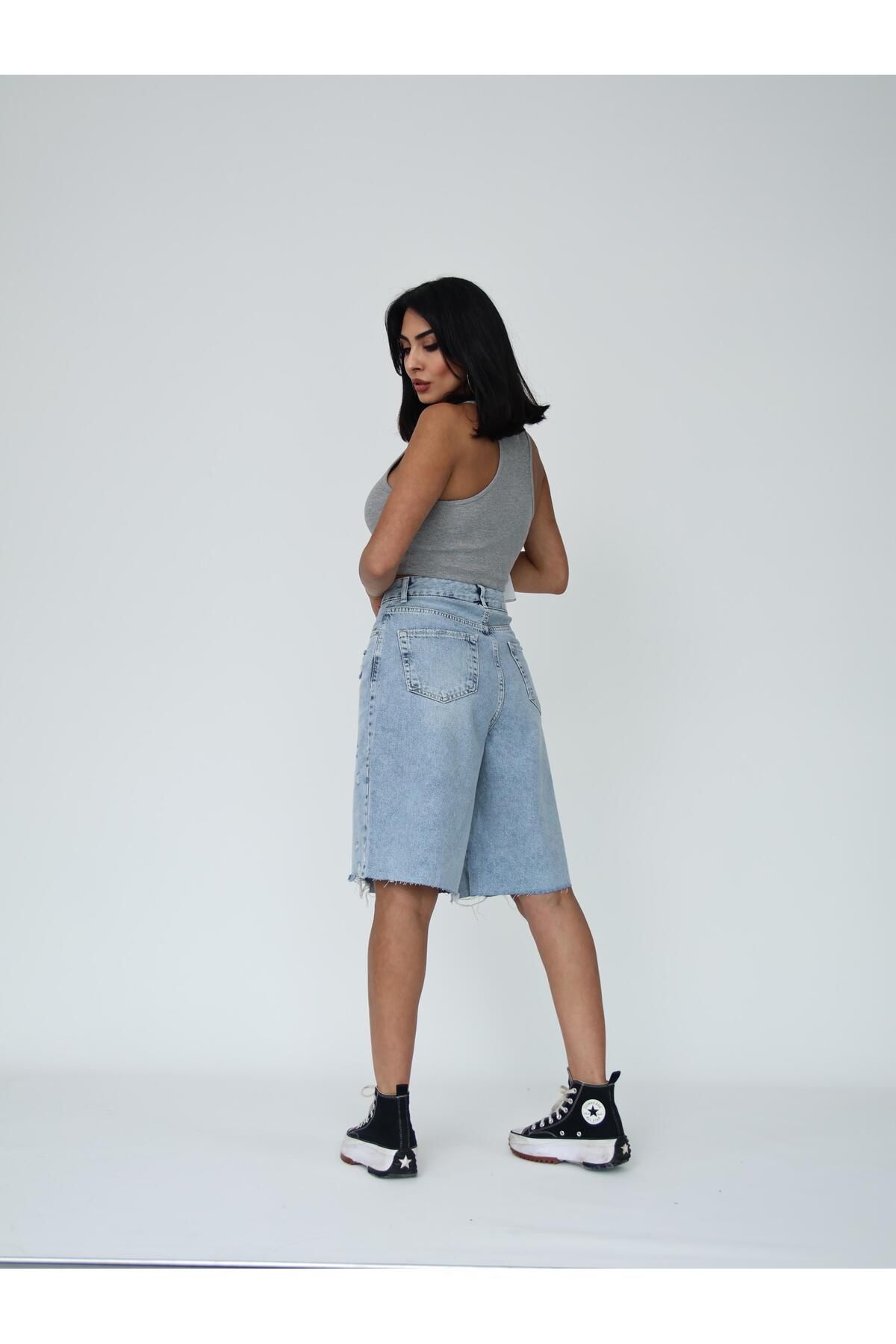 XBELLA DENİM-Pantaloni scurți Bermuda lungi de damă, cu detaliu rupt, lungime midi 4